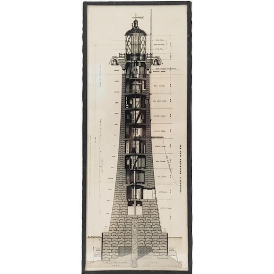 A framed cut away diagram of Eddystone Lighthouse 30x12cm gl...