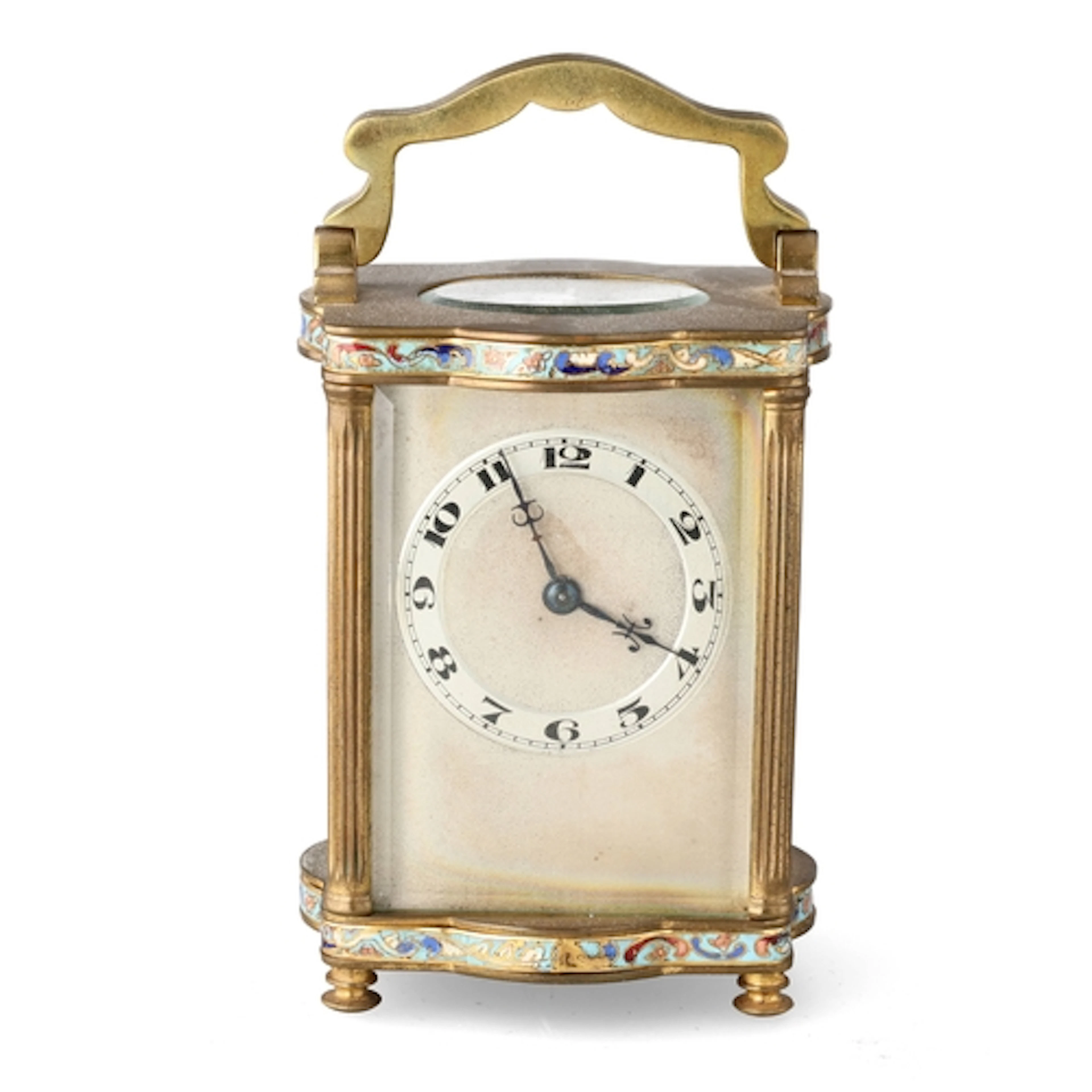 AN EARLY 20TH CENTURY BRASS AND CLOISONNE ENAMEL CARRIAGE CL...