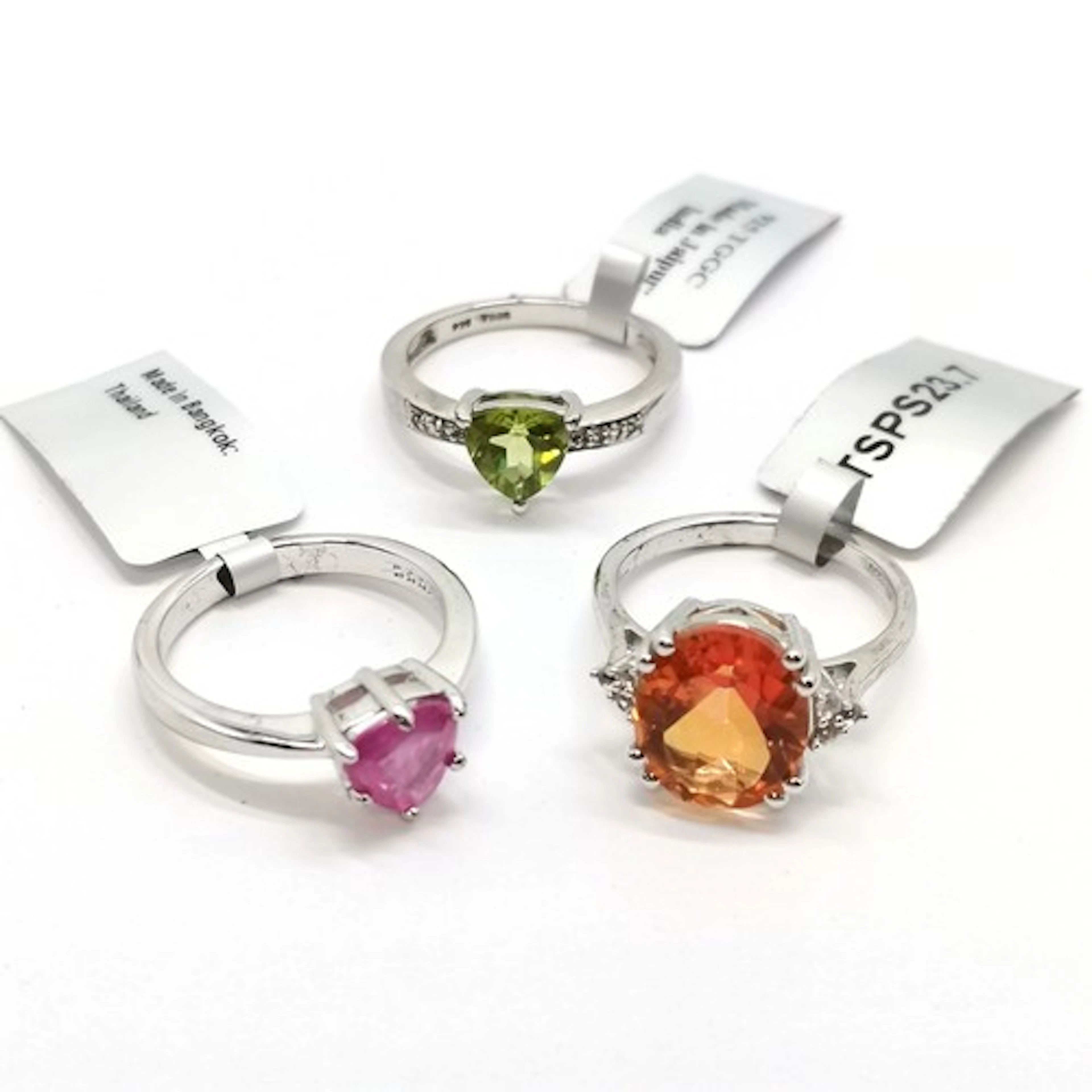 3 x silver gemstone set rings - Pink sapphire (1.66ct), Padp...