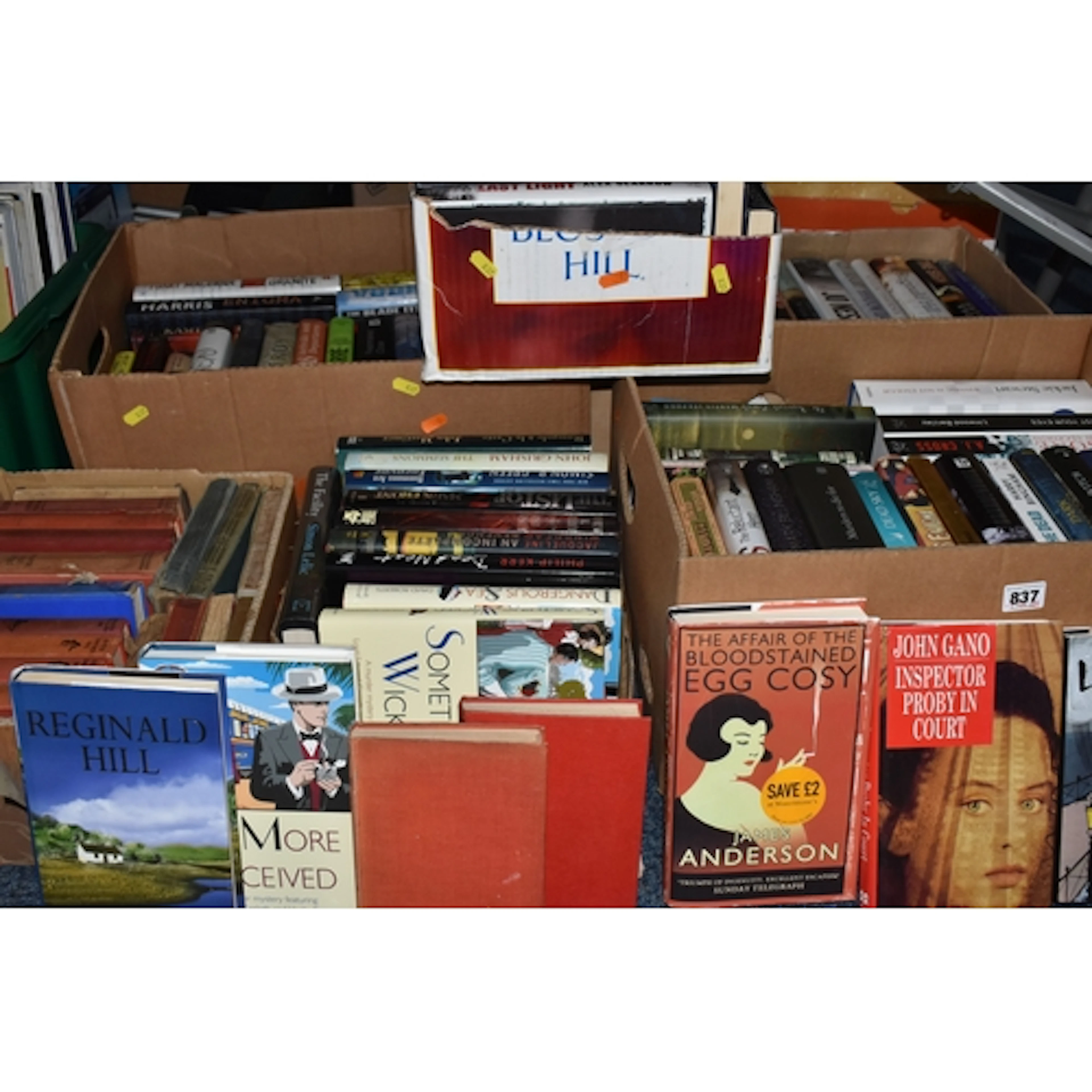 SIX BOXES OF BOOKS, approximately ninety fiction titles in m...