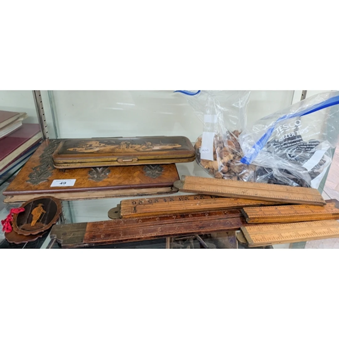 Vintage treen - chess pieces, Victorian blotter, Sorrento wa...