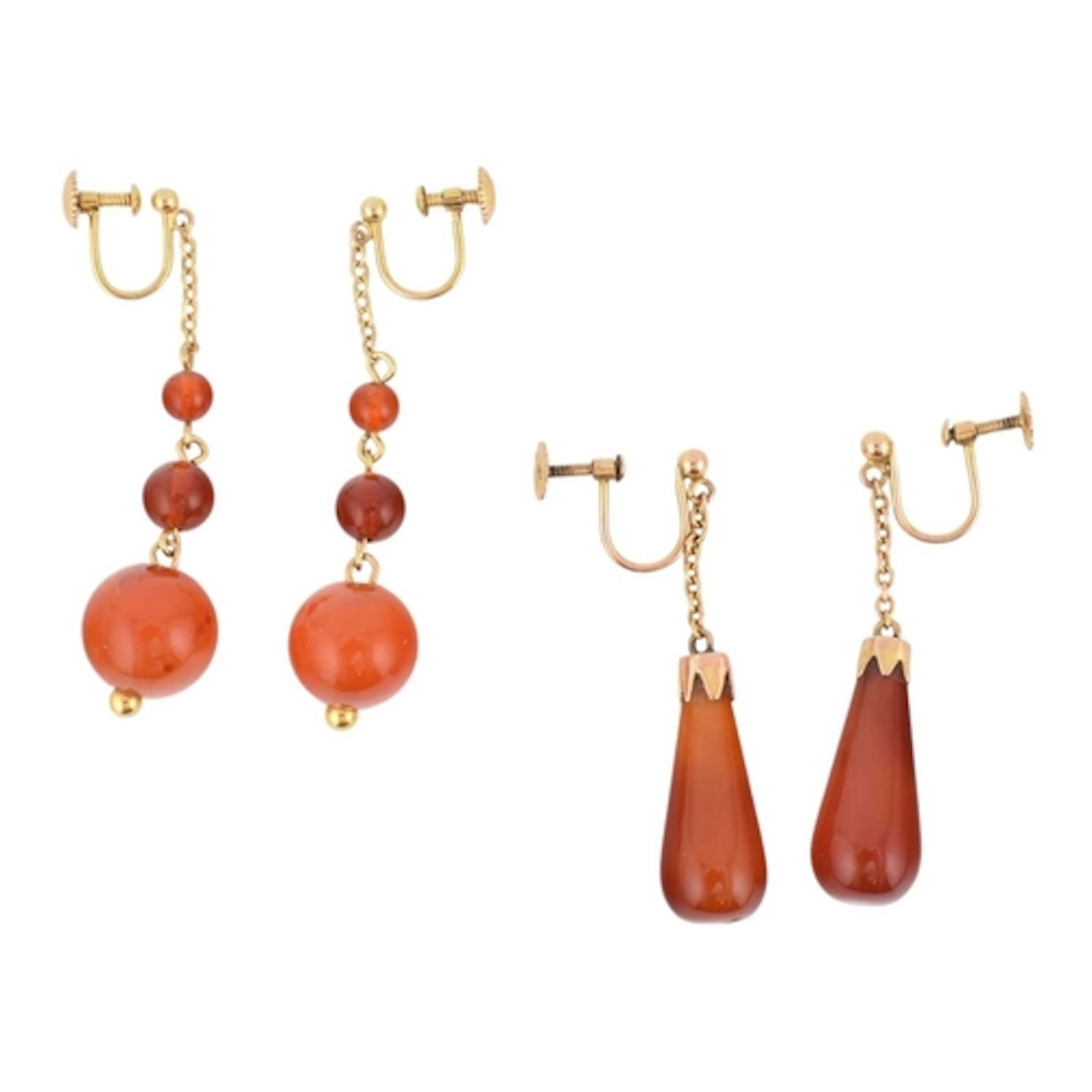 Two pairs of vintage 9ct gold mounted carnelian drop pendant...