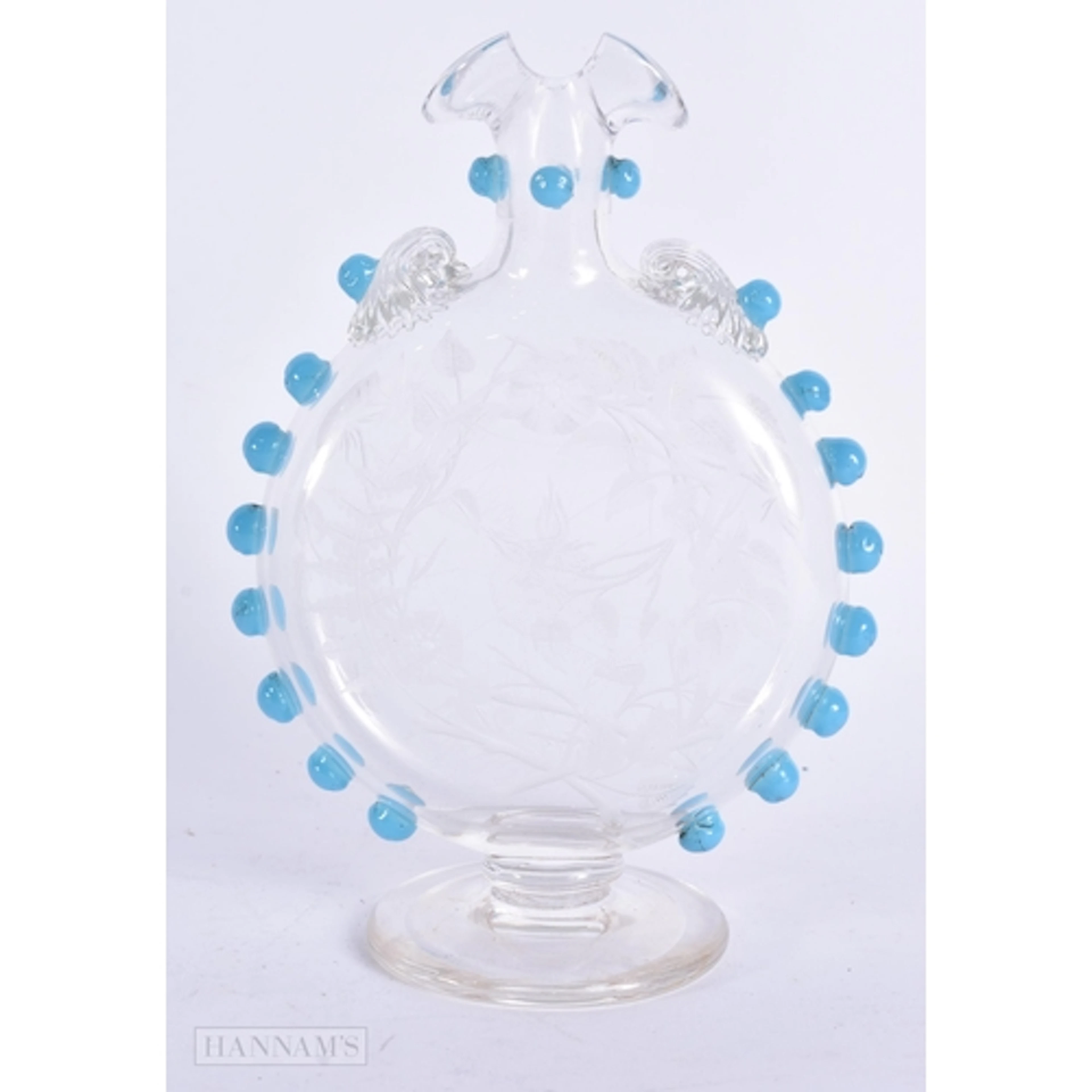 A FINE ENGRAVED SPIDER WEBB TURQUOISE GLASS EDGED CARAFE. 17...