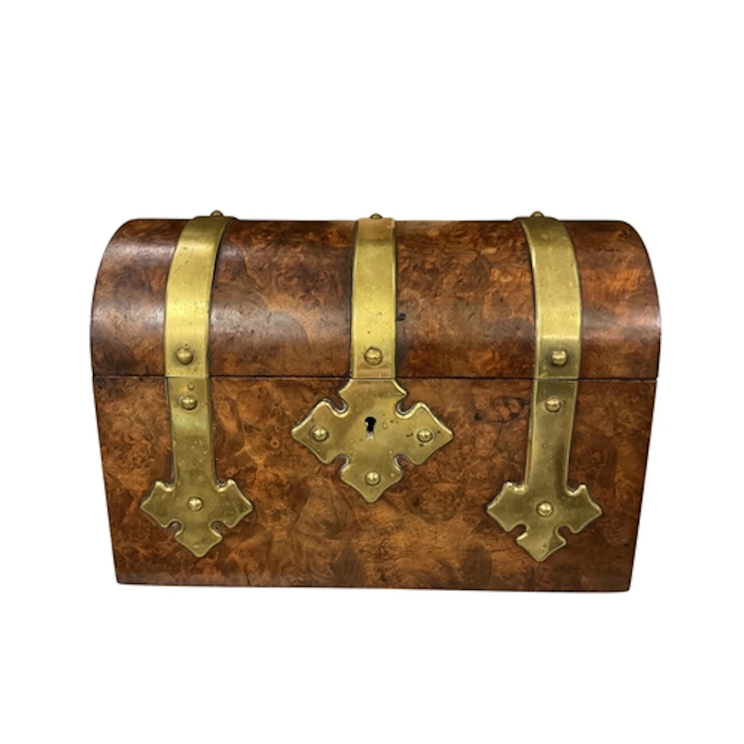 A Victoria burr walnut and brass strapwork stationery box by...
