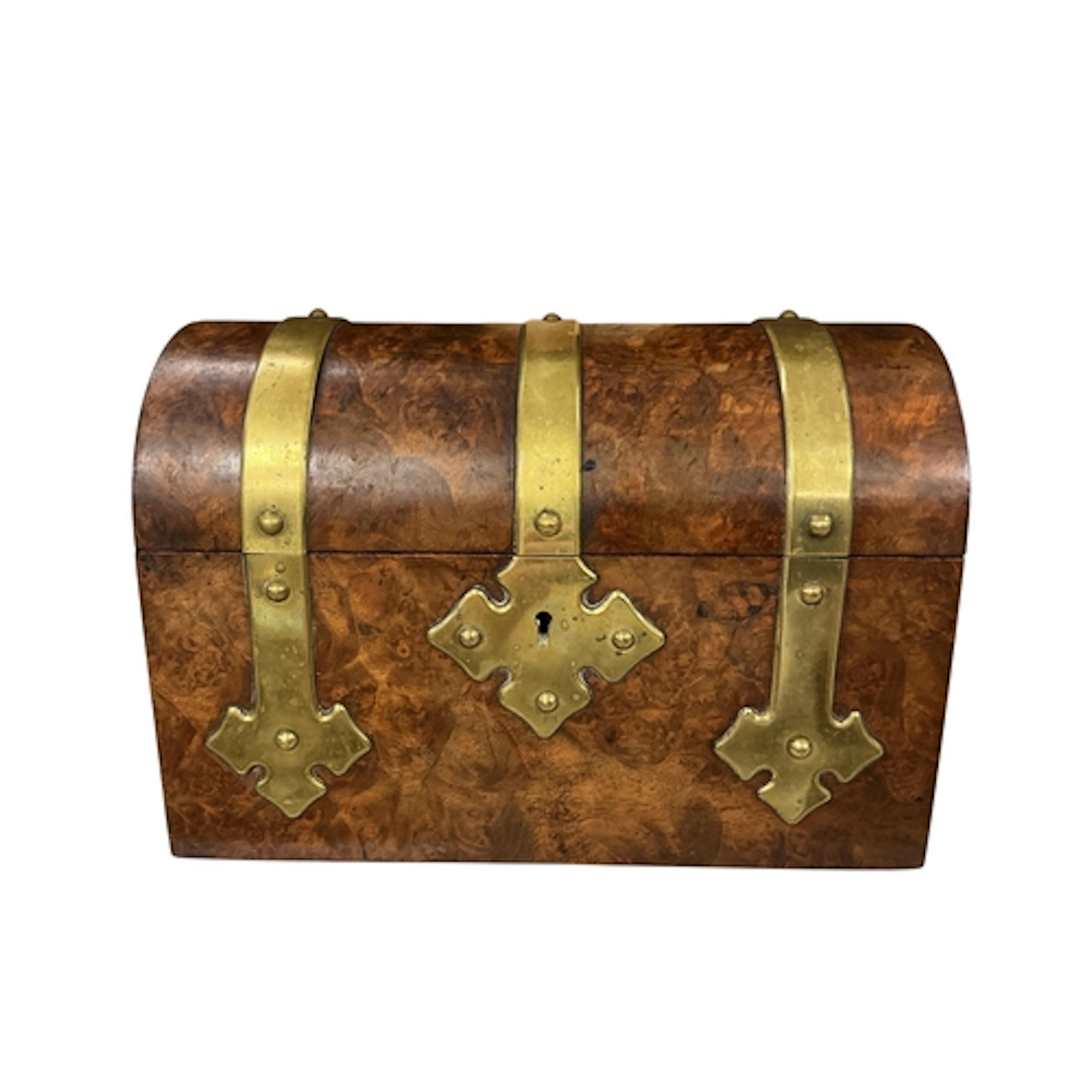A Victoria burr walnut and brass strapwork stationery box by...