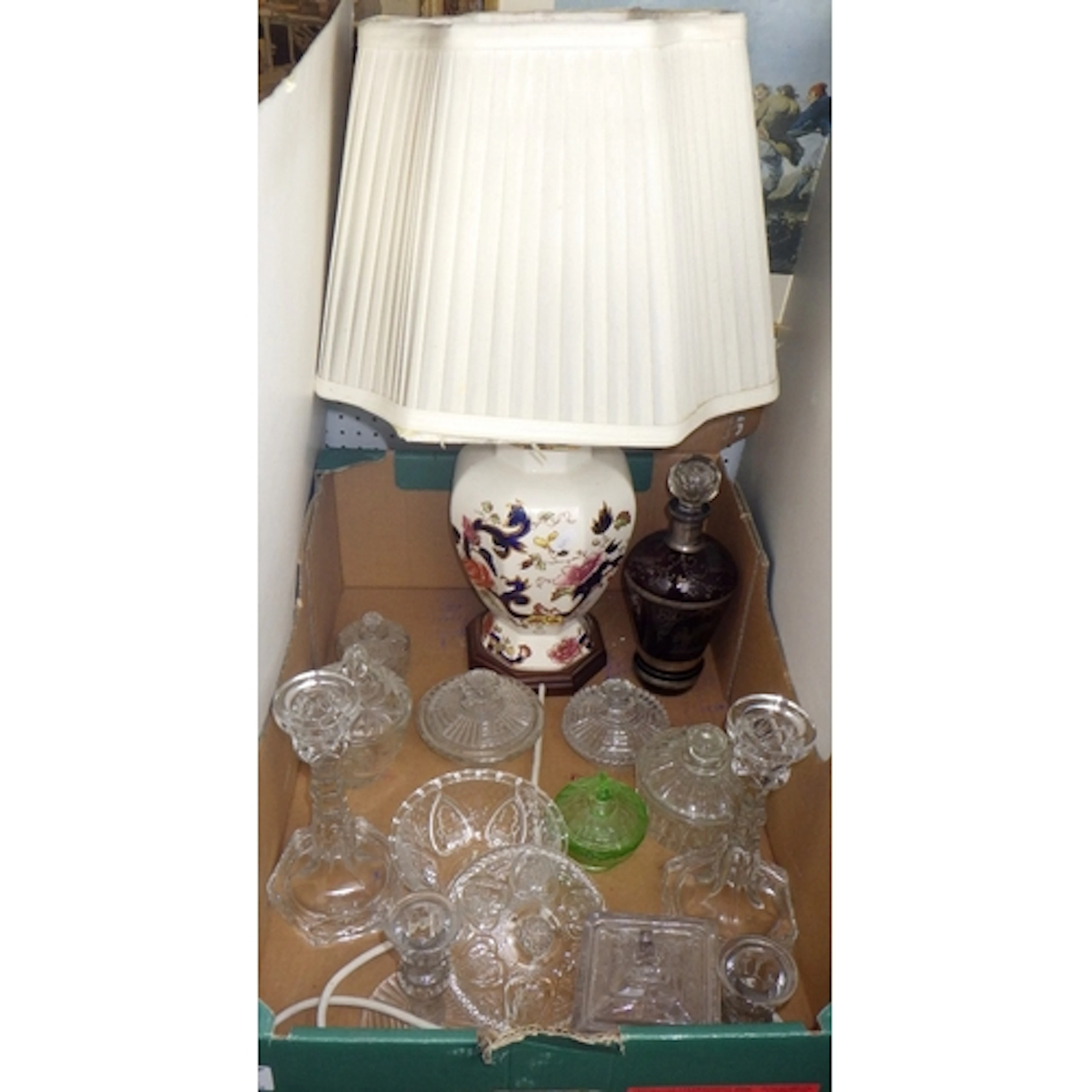 A Mason's table lamp together with misc dressing table glass...