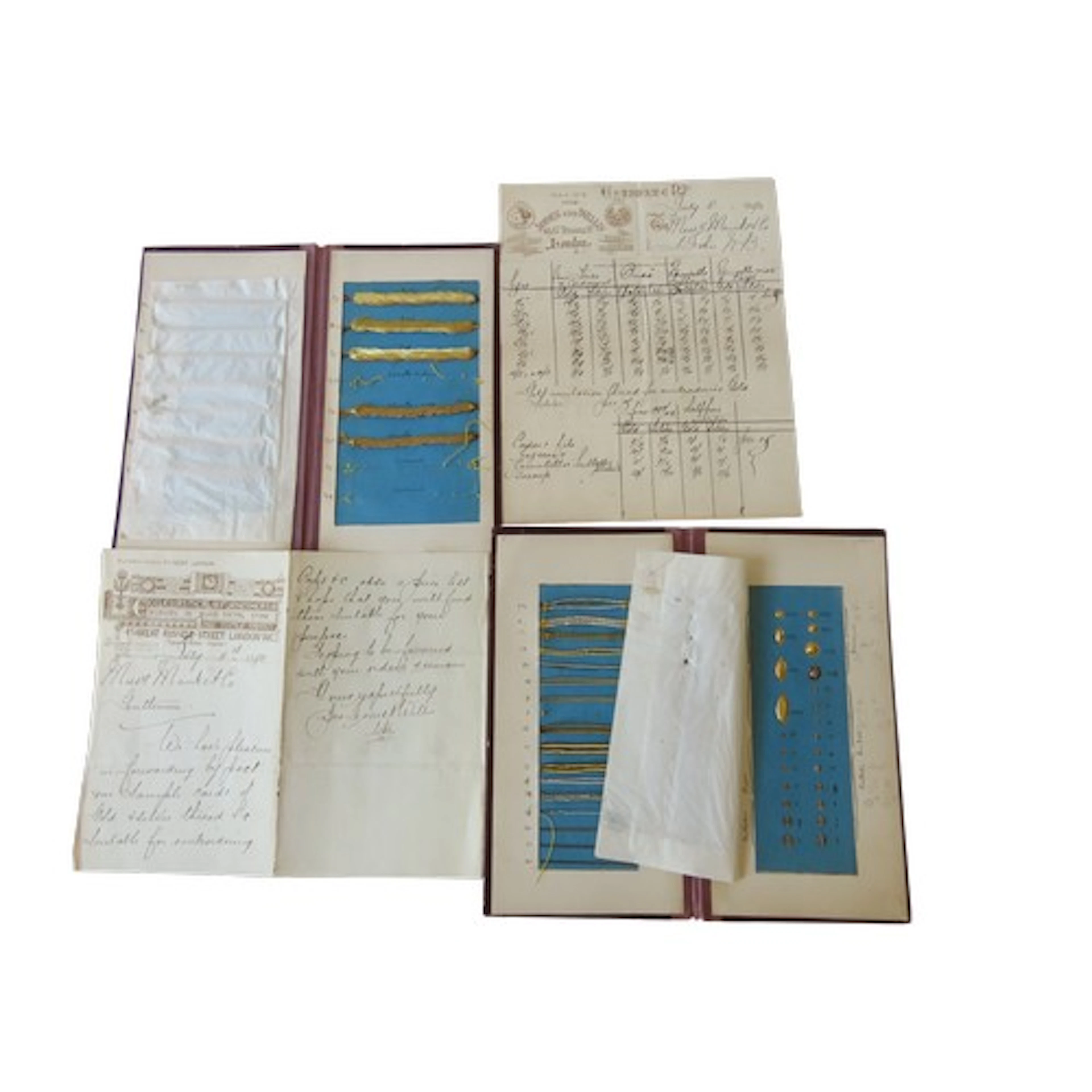 FOUR SAMPLE CARDS OF LATE VICTORIAN GOLD AND SILVER EMBROIDE...