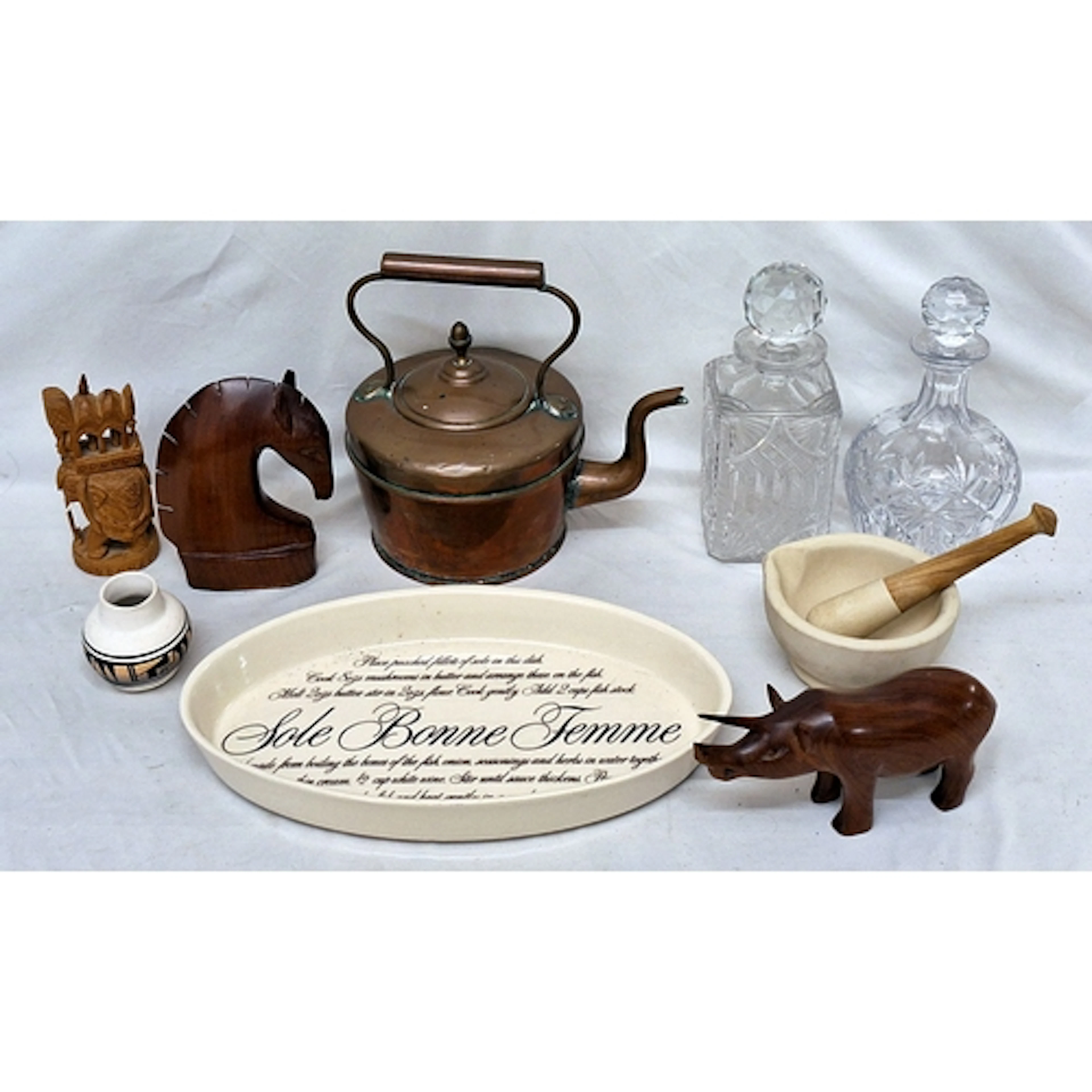 Copper Kettle, 3 animal wooden sculptures, rhinoceros, horse...