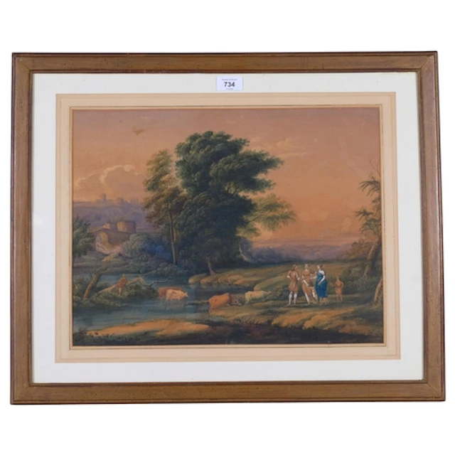 Early 19th century English School, figures and cattle in lan...