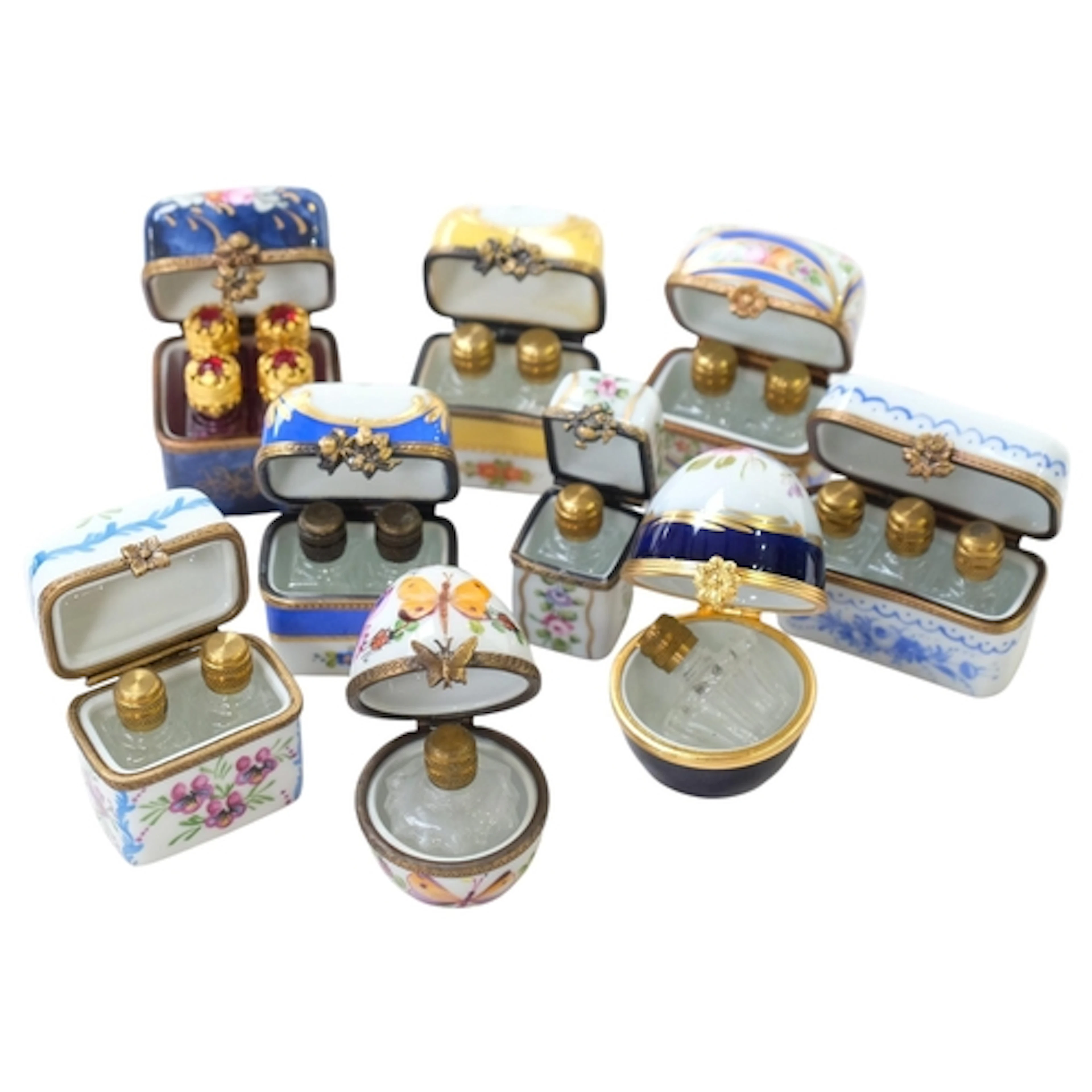 A selection of 9 Antique Limoges miniature scent flasks, eac...
