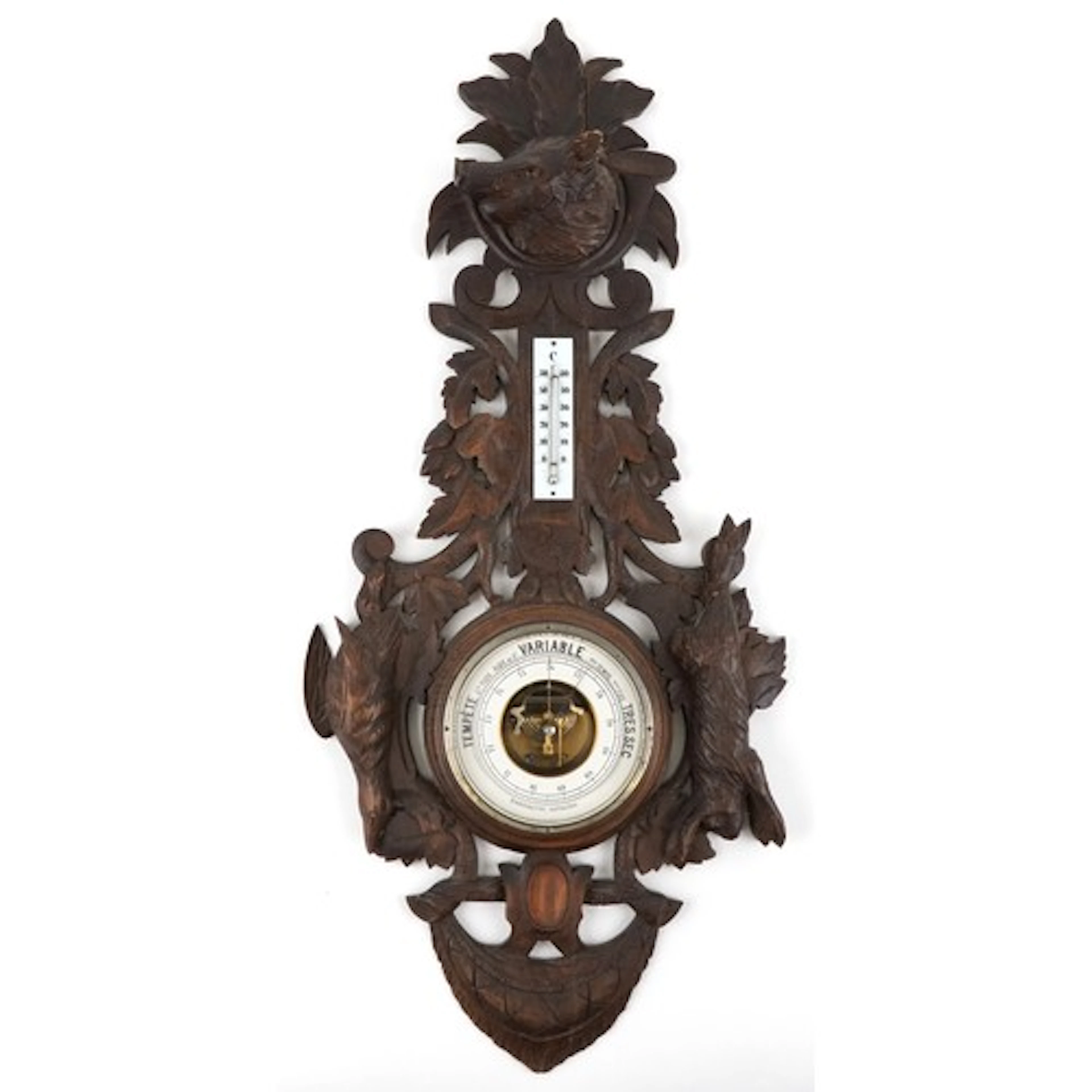 Large early 20th century hand carved Black Forest wall barom...