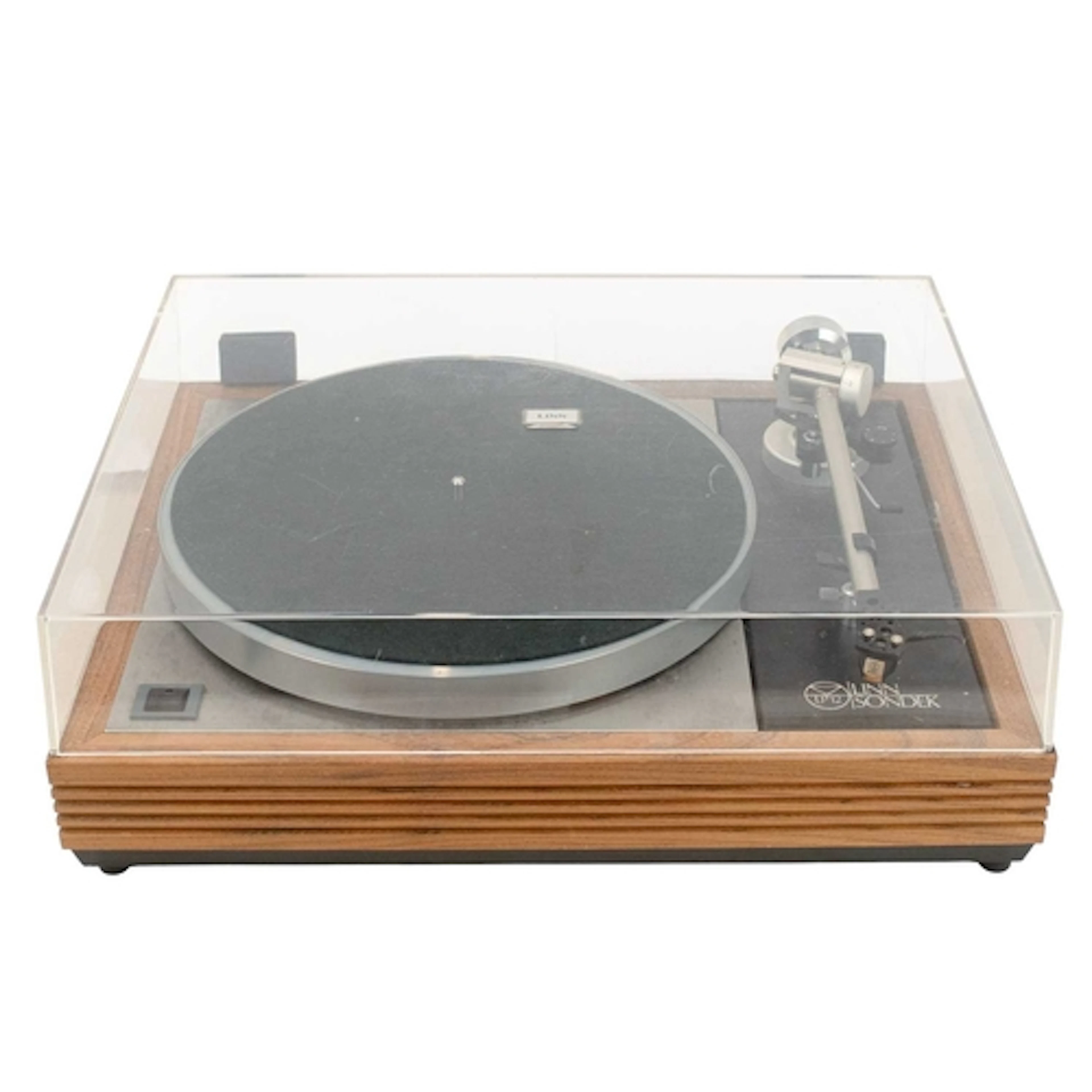 A Linn Sondek LP12 turntable. Walnut base, with perspex lid,...