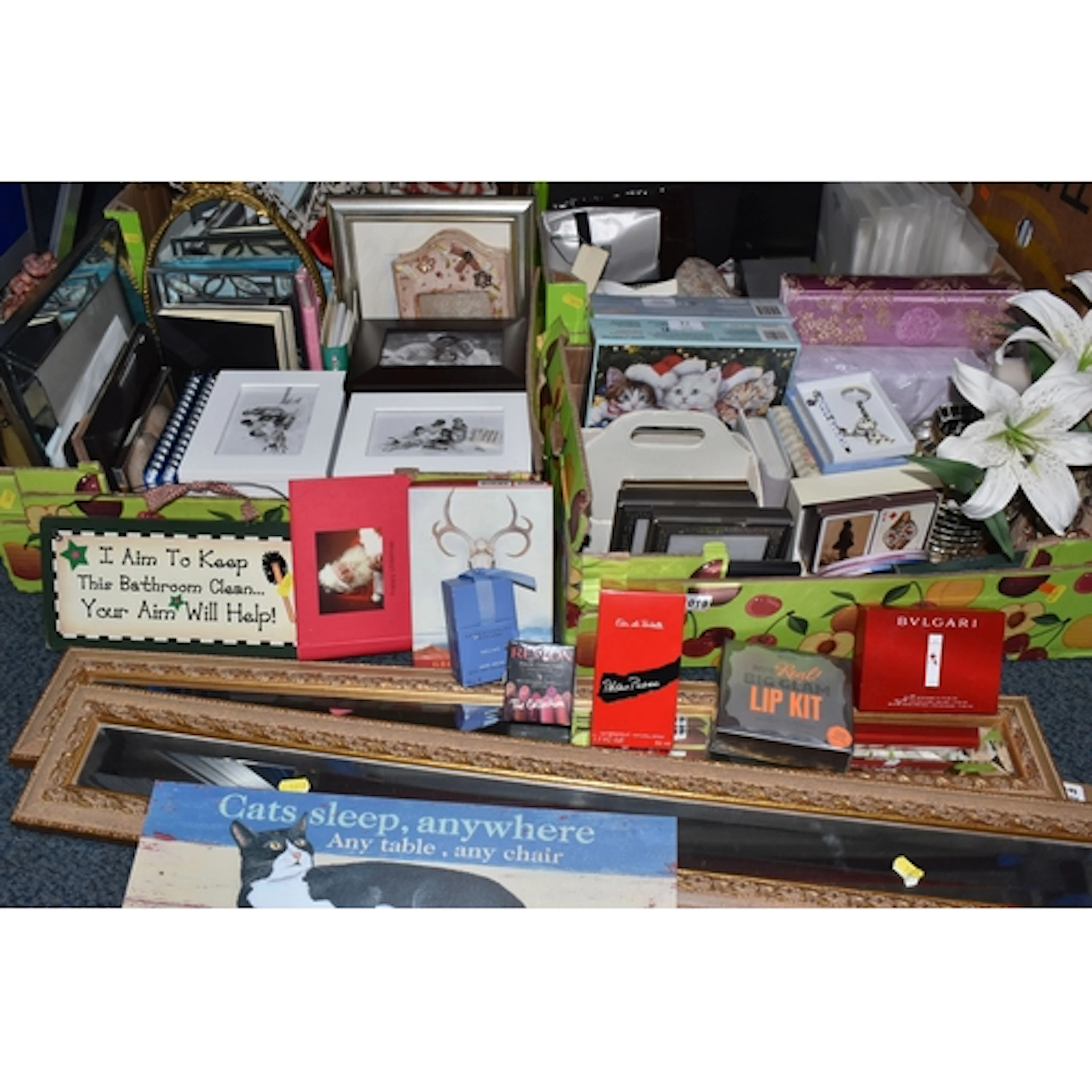 FIVE BOXES OF MISCELLANEOUS SUDRIES, to include picture fram...