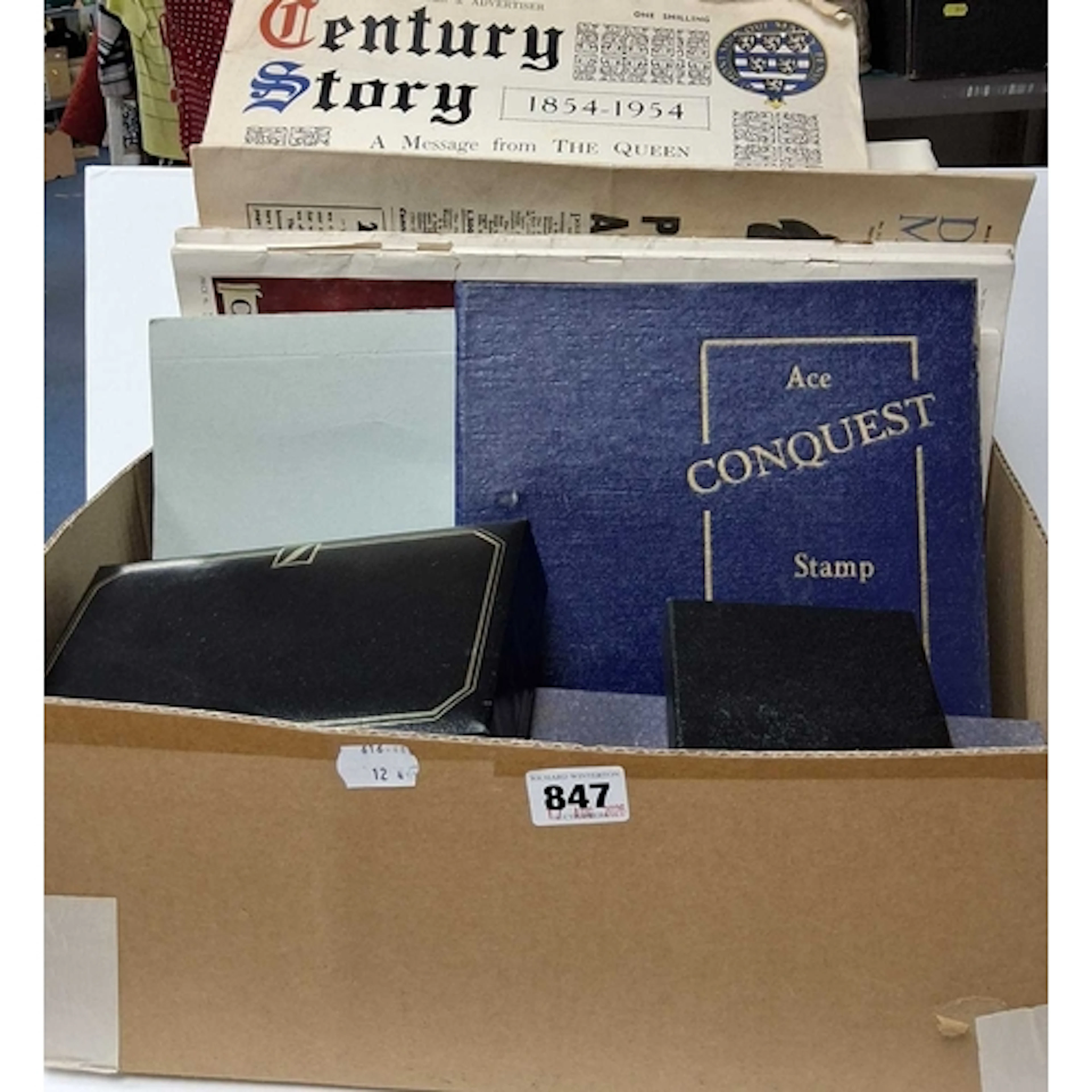 ONE BOX OF STAMPS, EPHEMERA, AND VINTAGE COSTUME JEWELLERY, ...