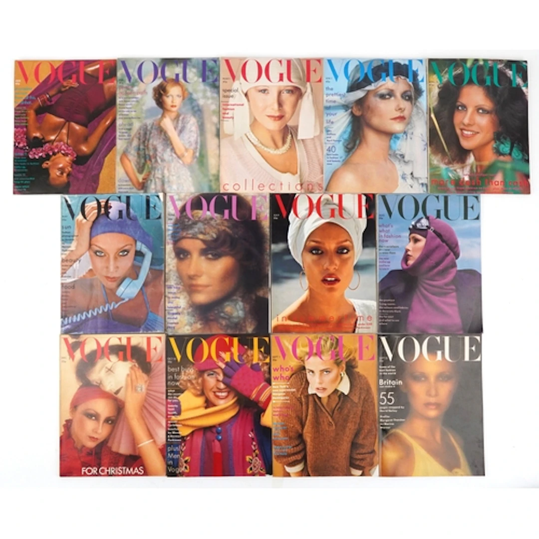 Collection of 1975 Vogue magazines.