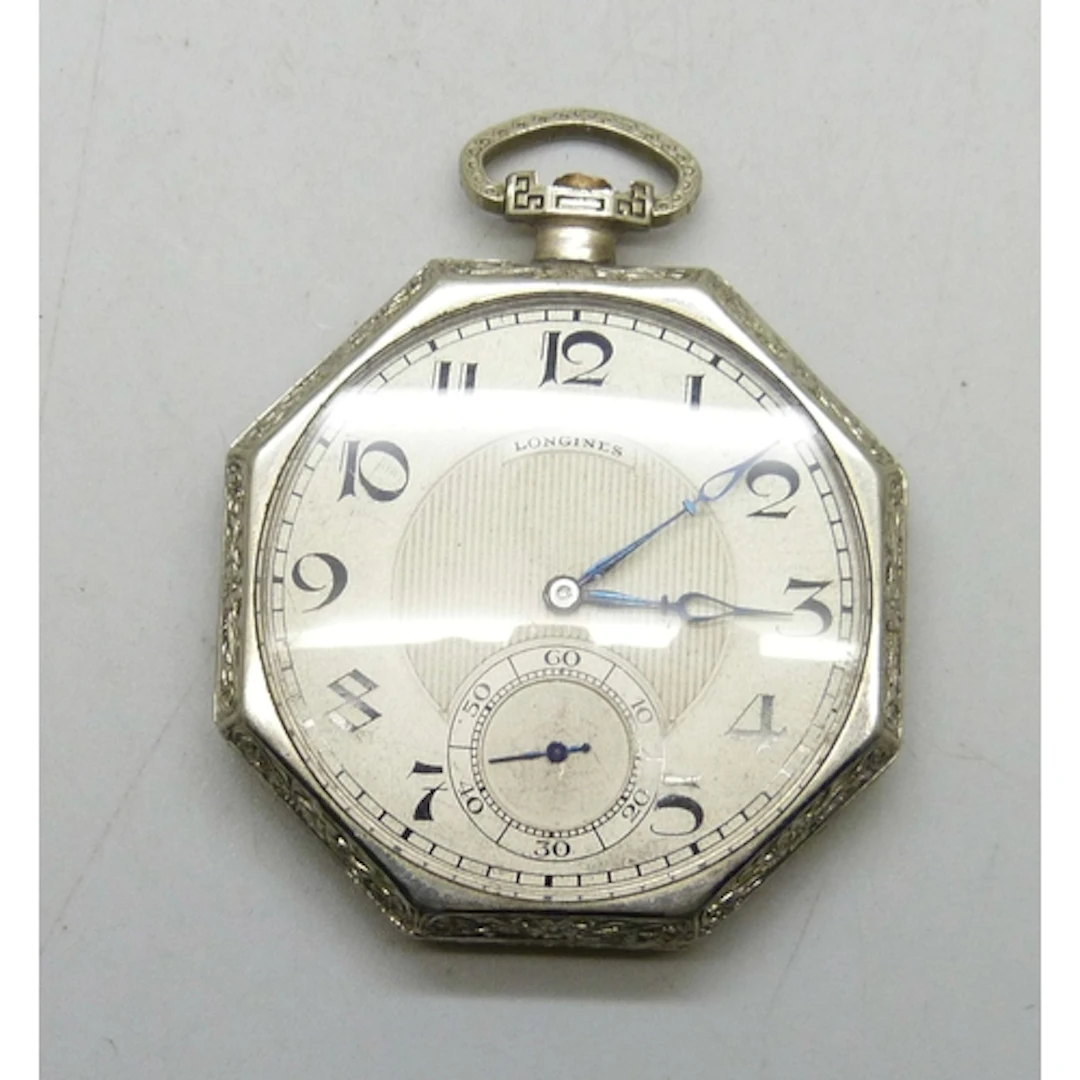 A Longines Art Deco pocket watch, the movement and dial mark...