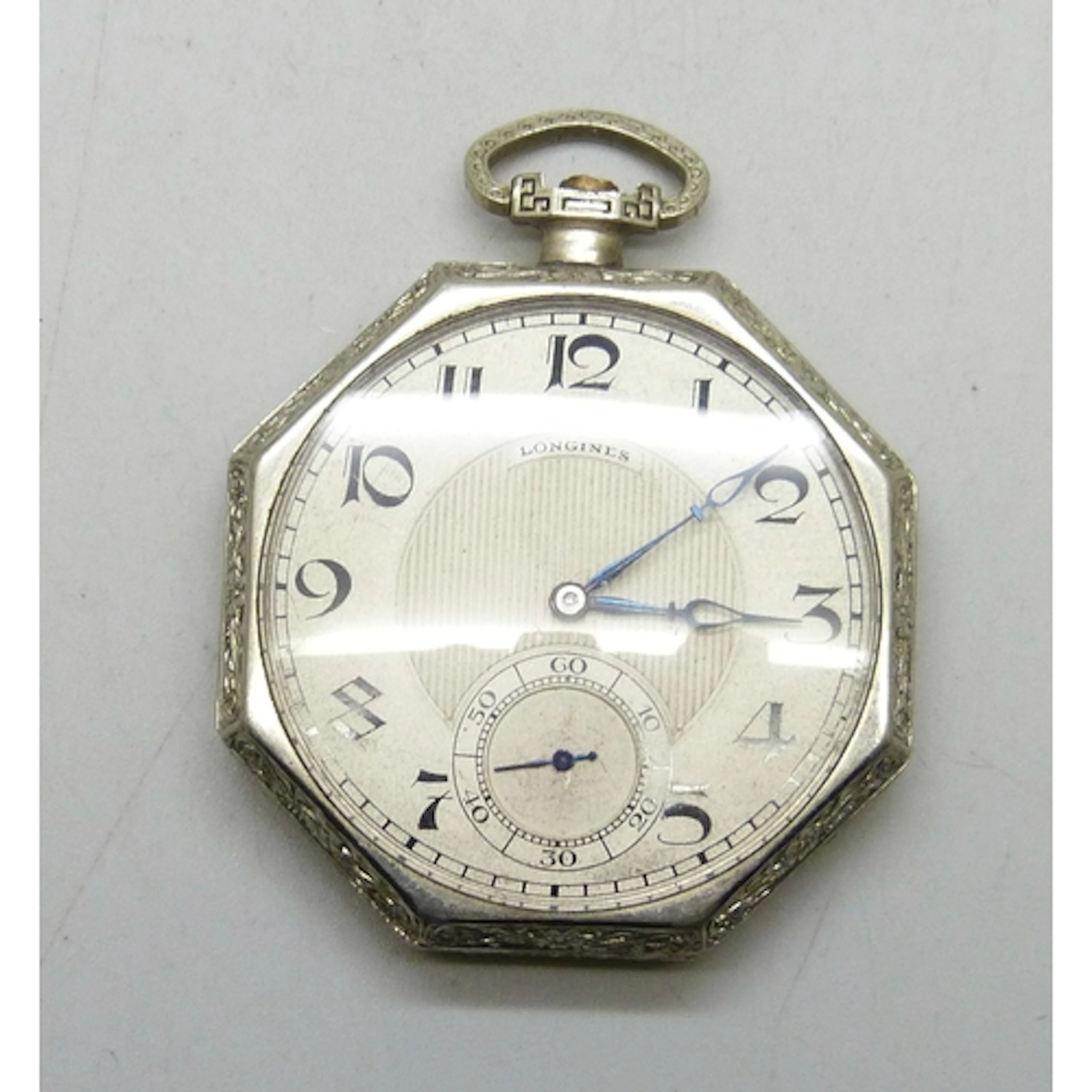 A Longines Art Deco pocket watch, the movement and dial mark...