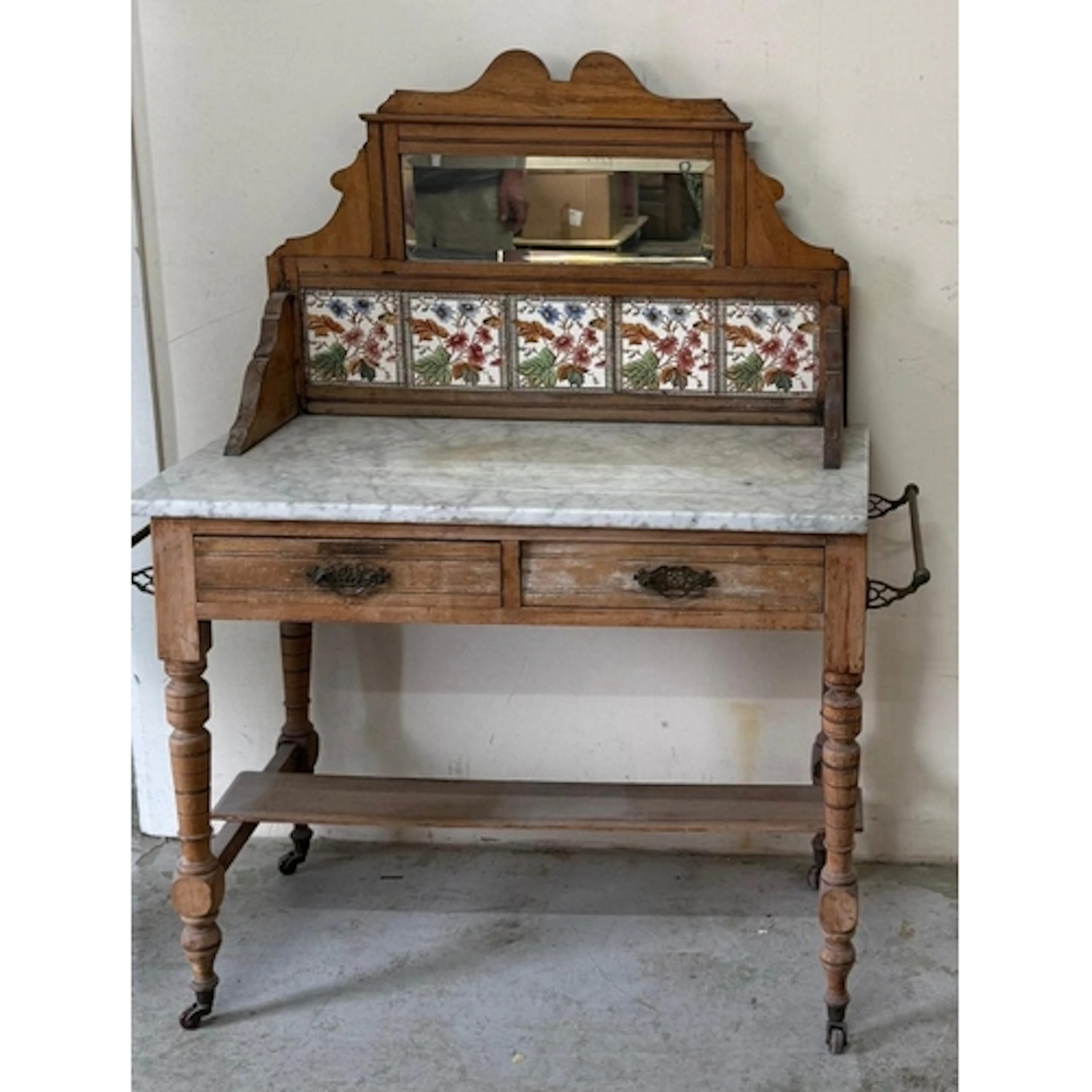 A white marble topped pine wash stand with tiled and mirrore...