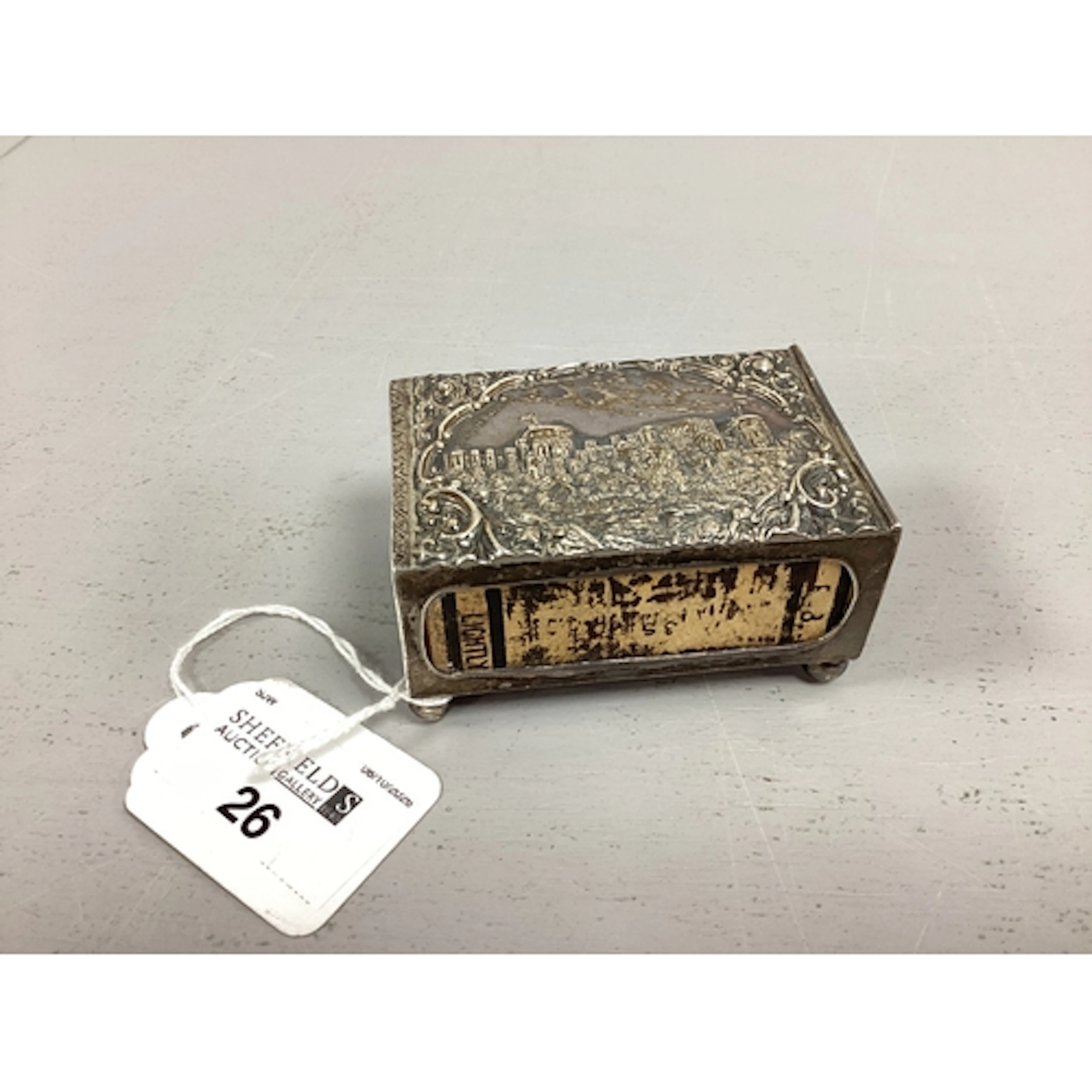 An Edwardian Hallmarked Silver Castle Top Match Box Cover, C...