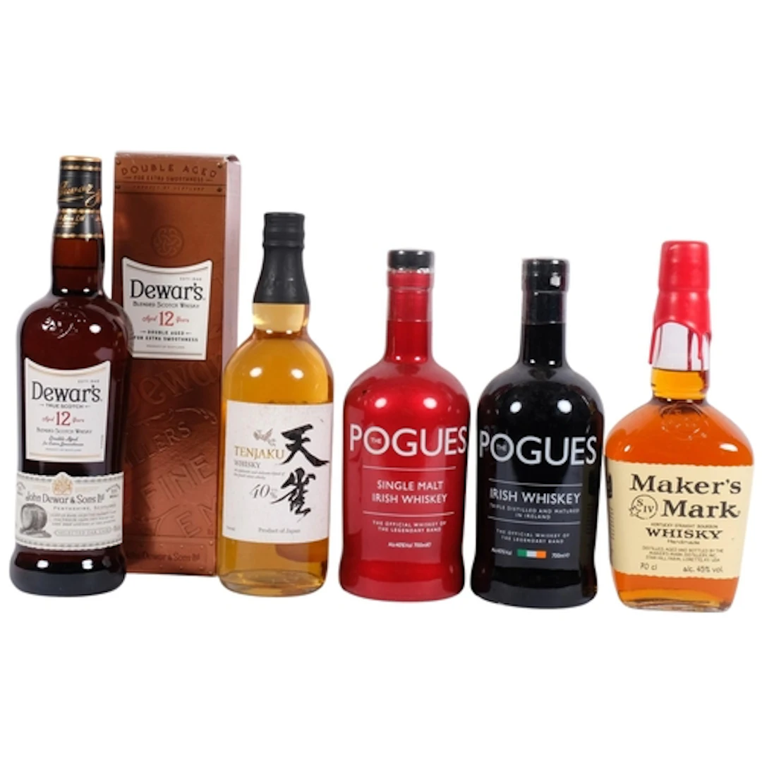 Boxed Dewar's Whisky, 2 Pogues, Irish Whiskey, and 2 others