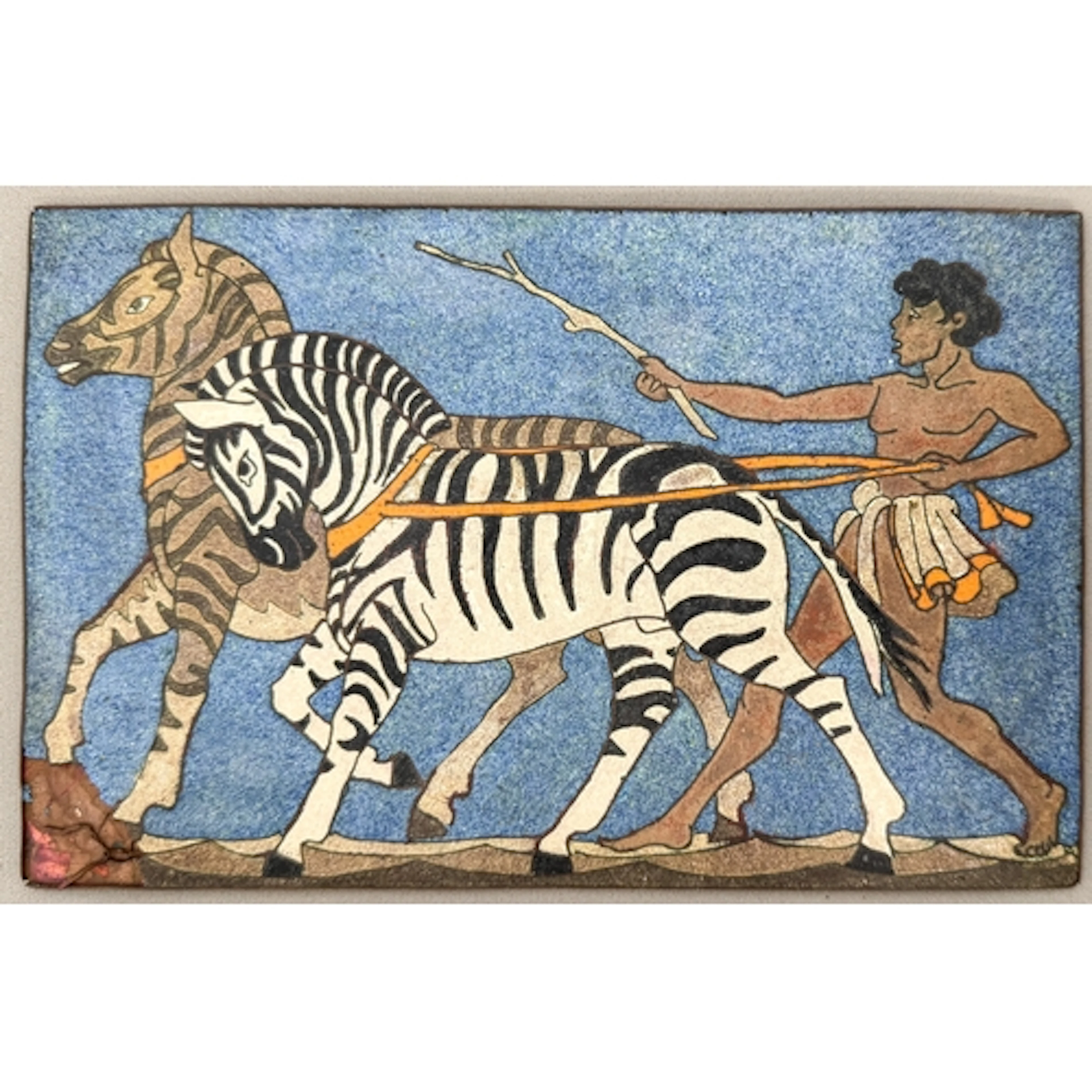 An Art Deco period enamel on copper plaque - depicting a man...