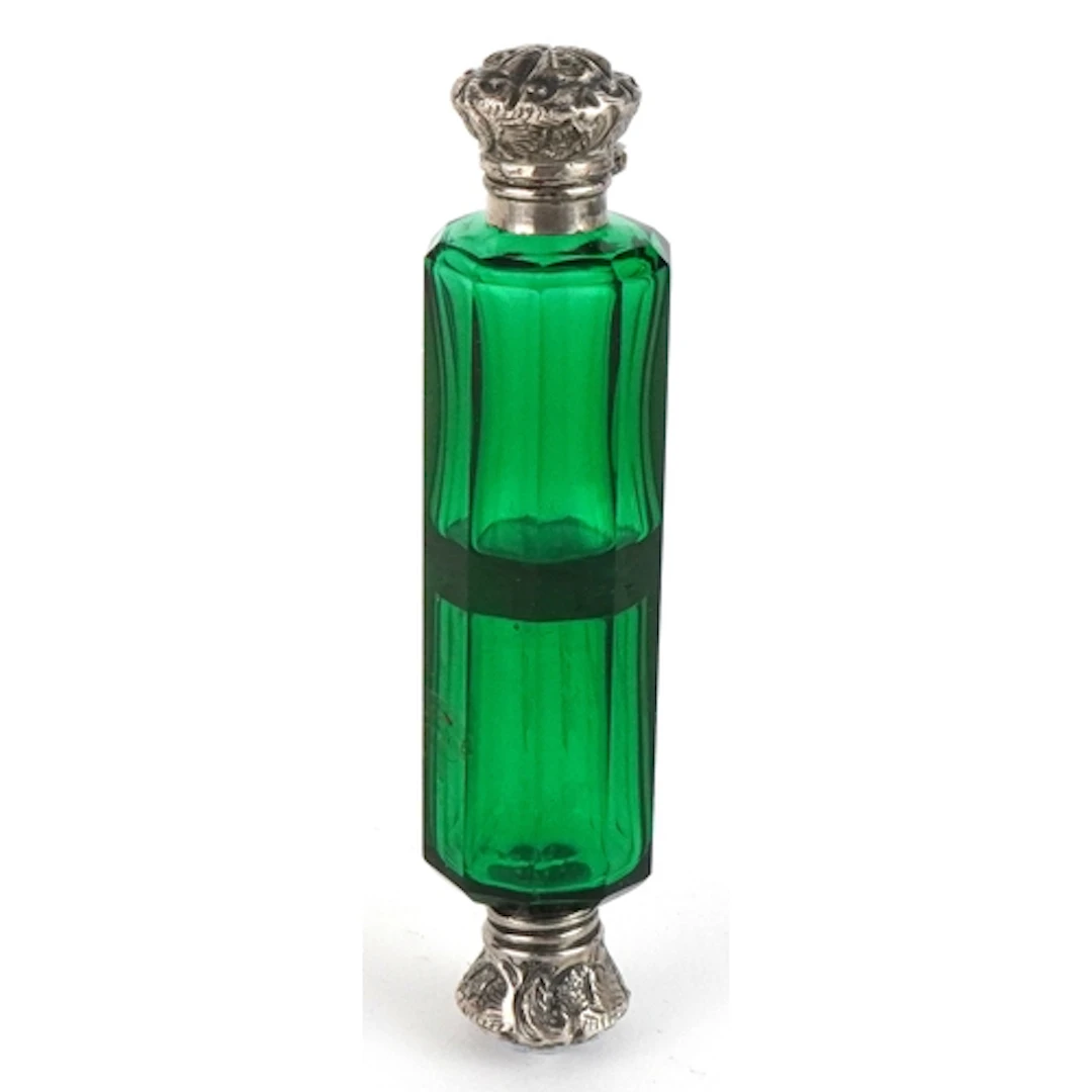 Victorian green glass double ended scent bottle with silver ...
