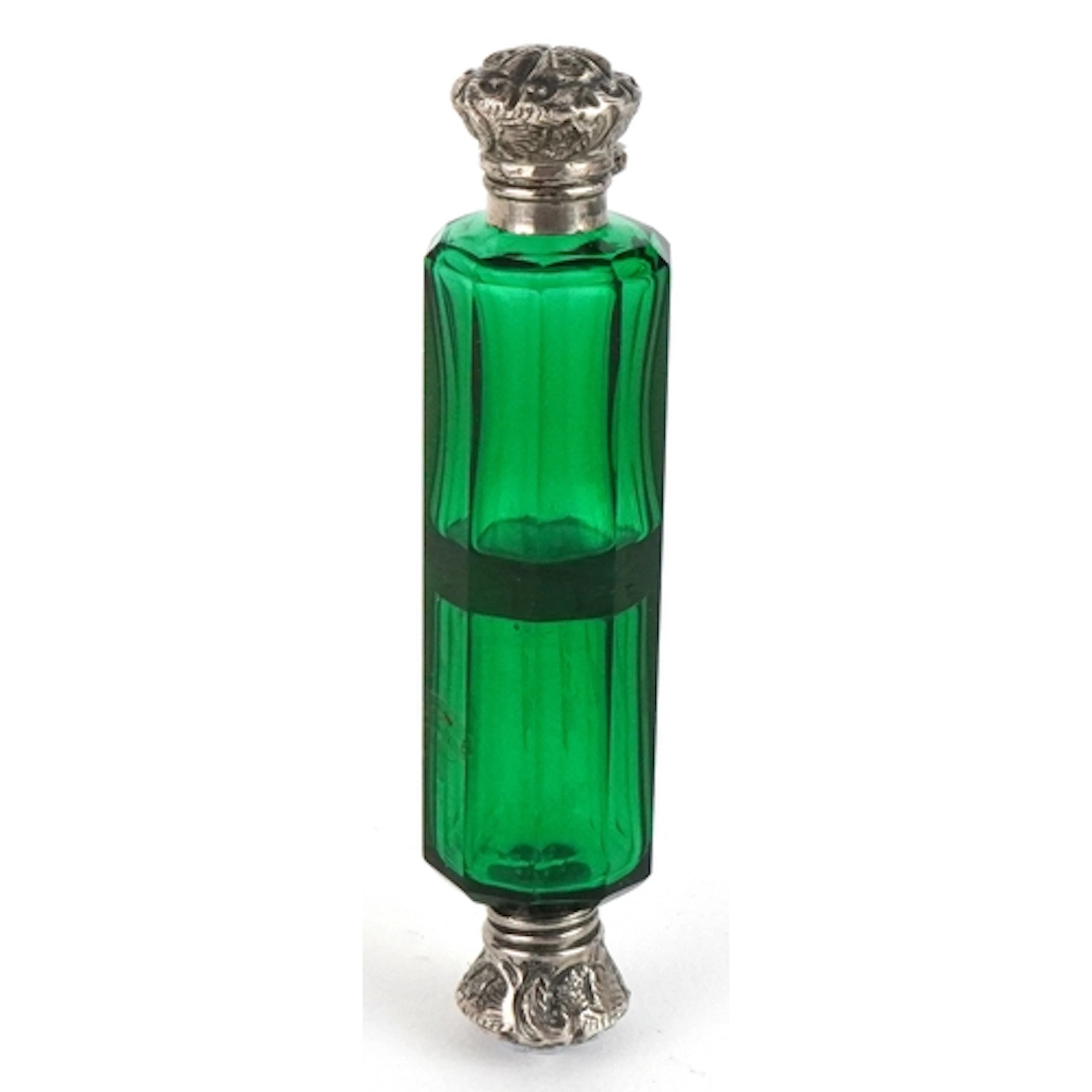 Victorian green glass double ended scent bottle with silver ...