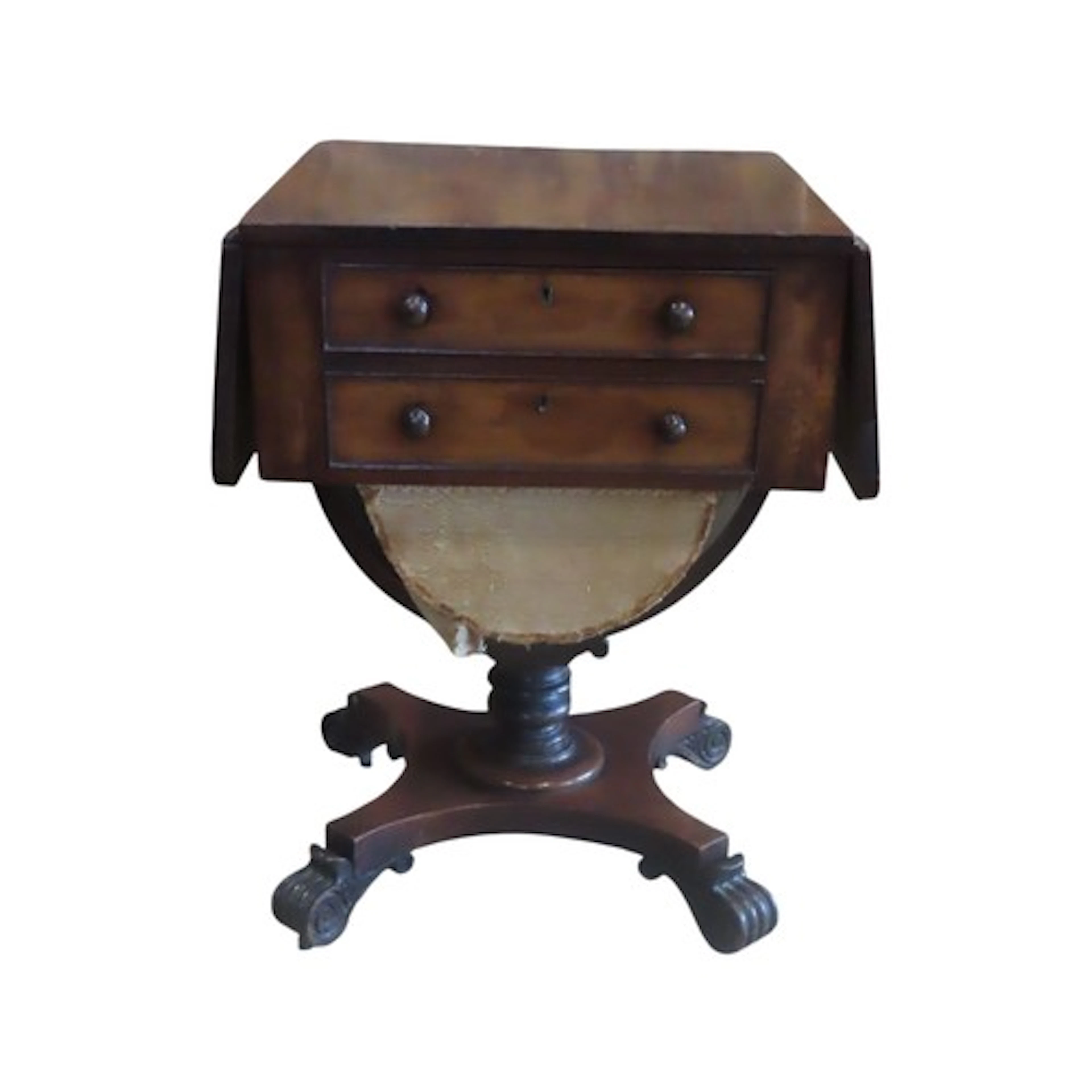 A Regency drop leaf sewing table with two frieze drawers rai...