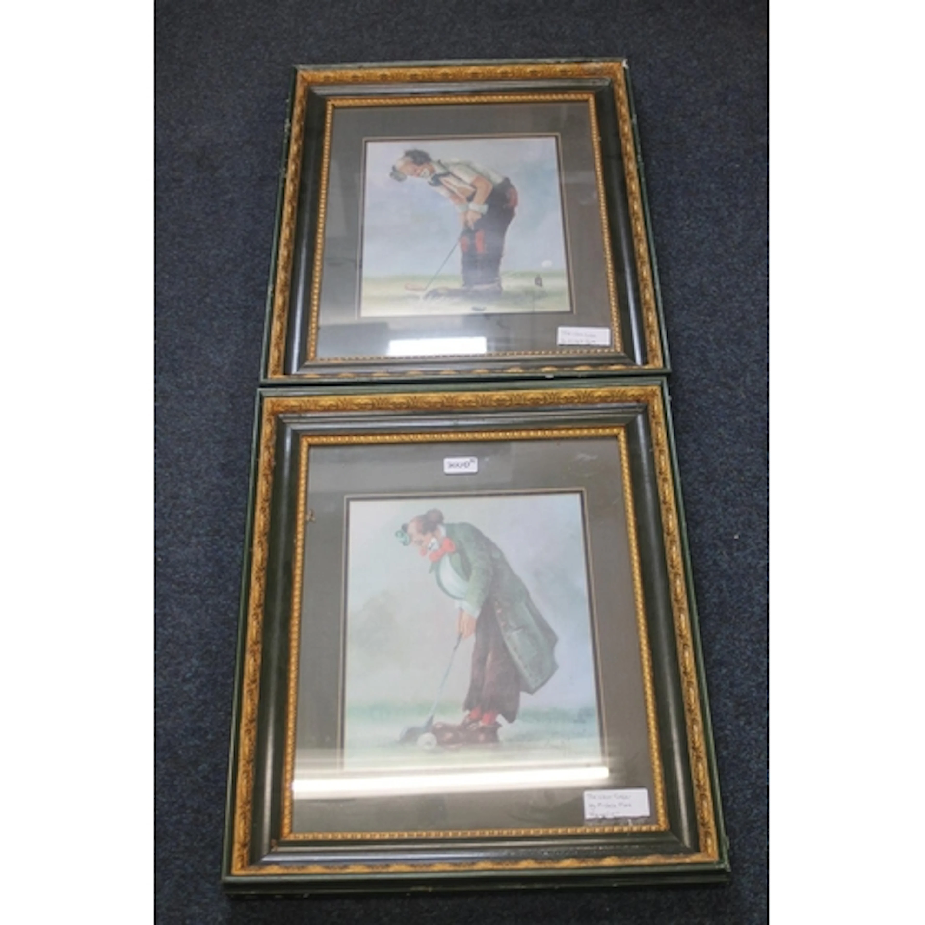MICHELE FIORE, golfing clown, two prints, 33cm x 26cm, frame...