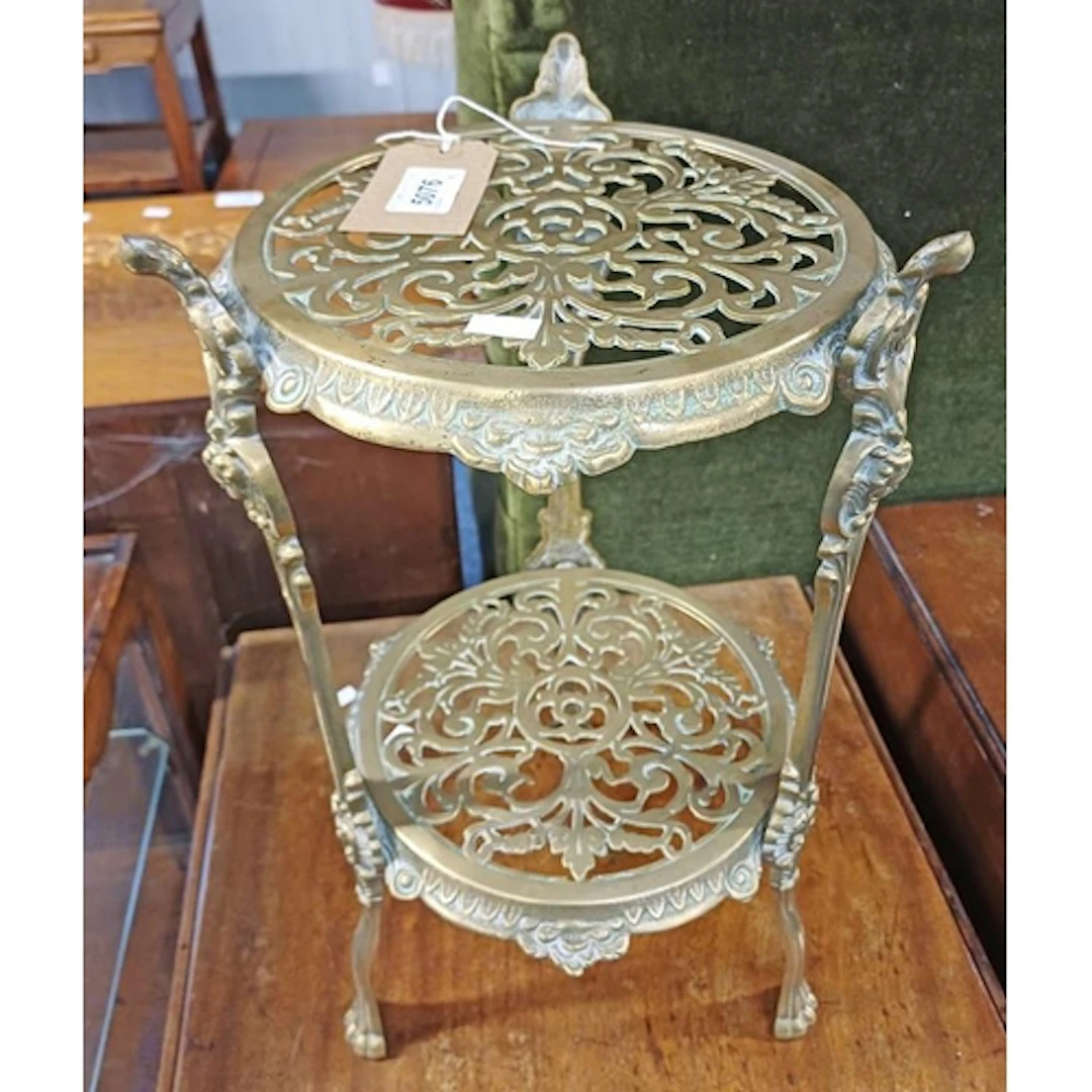 EMBOSSED BRASS 2 TIER POT STAND WITH FOLIAGE FRET-WORK, 46CM...