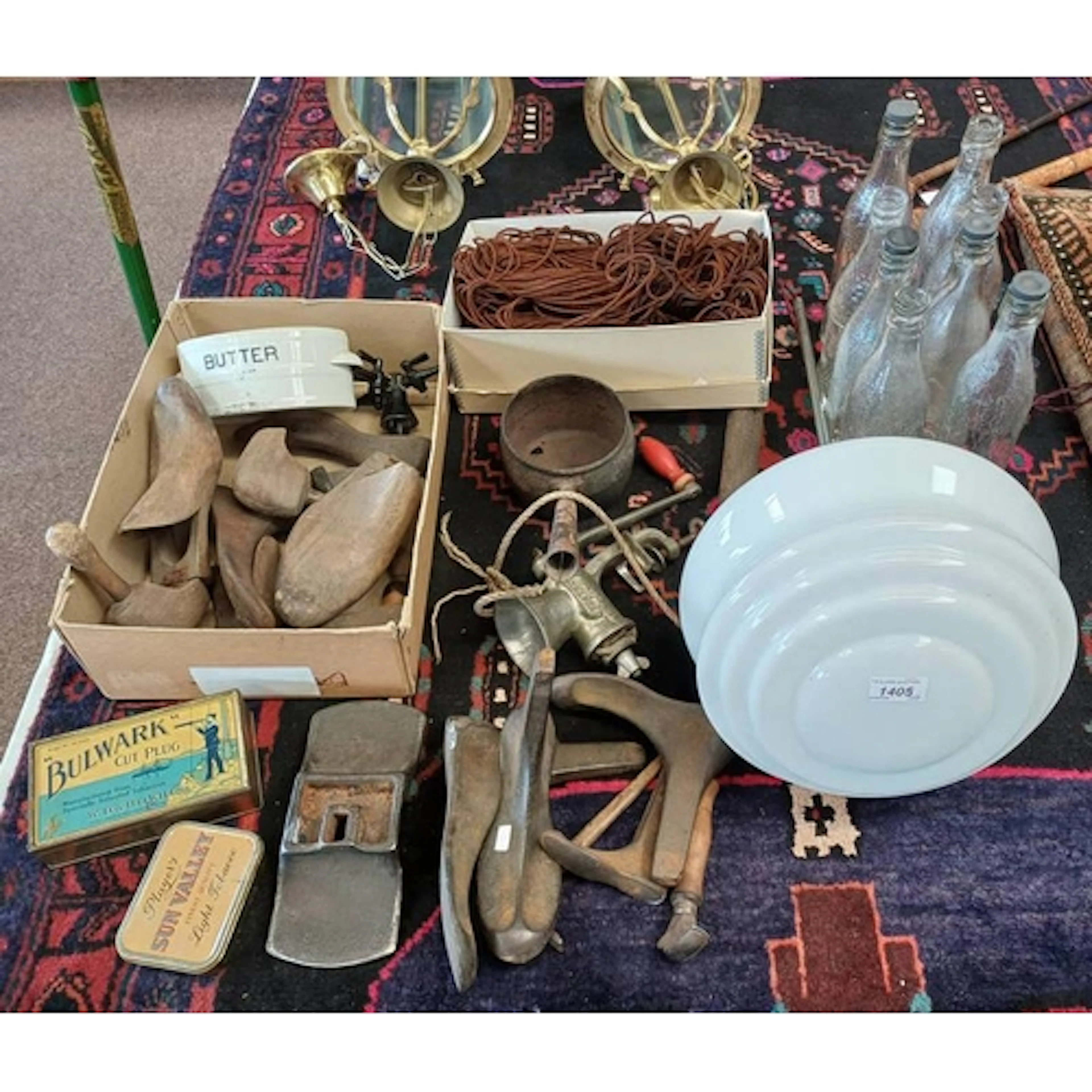 VINTAGE ROOF HUNG GLASS & CHROME LIGHT FITTING, SHOE LASTS, ...