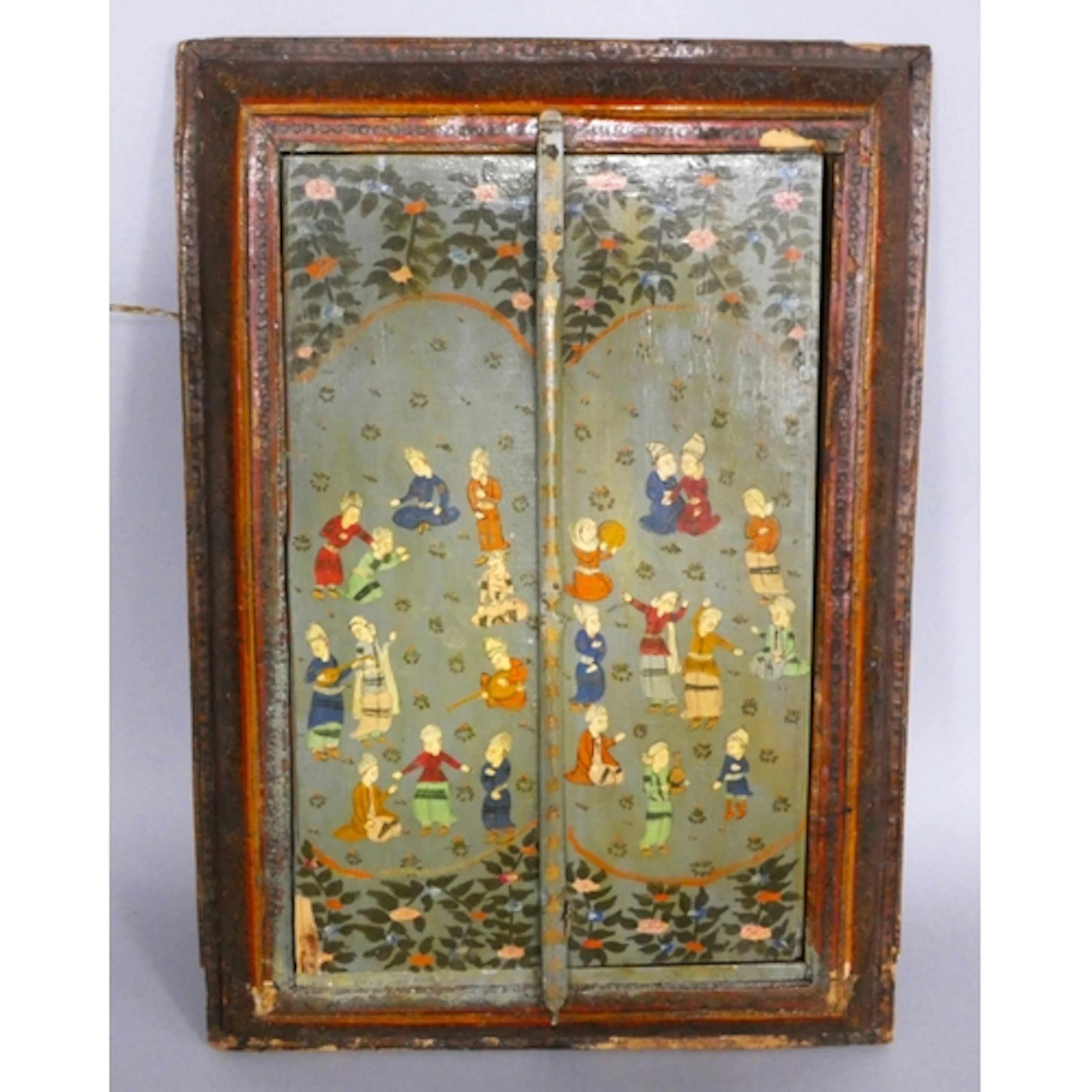 Persian Lacquer on wood wall mirror cabinet, Qajar period 17...