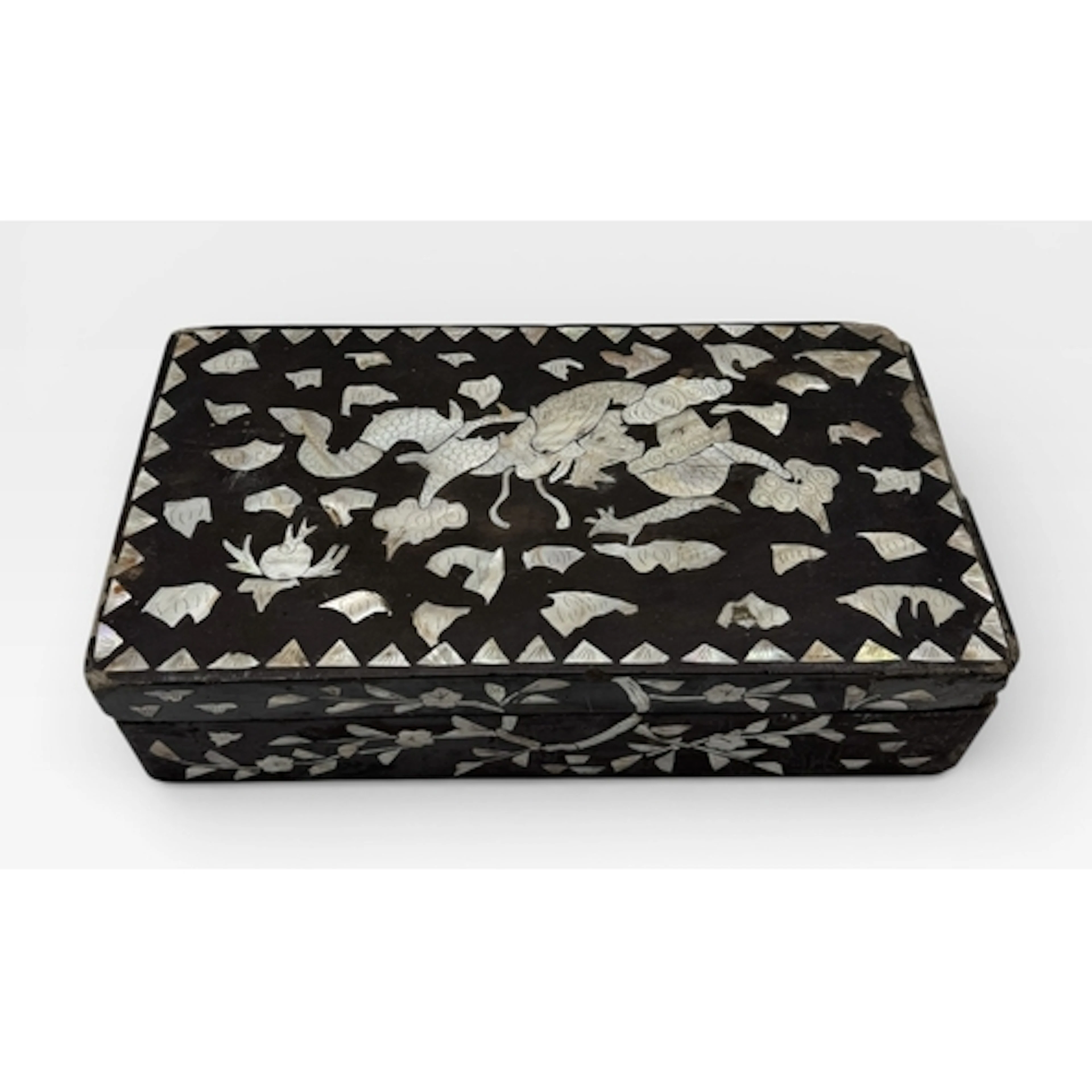 A CHINESE BLACK LACQUER AND MOTHER OF PEARL BOX 31.5 x 16.5 ...
