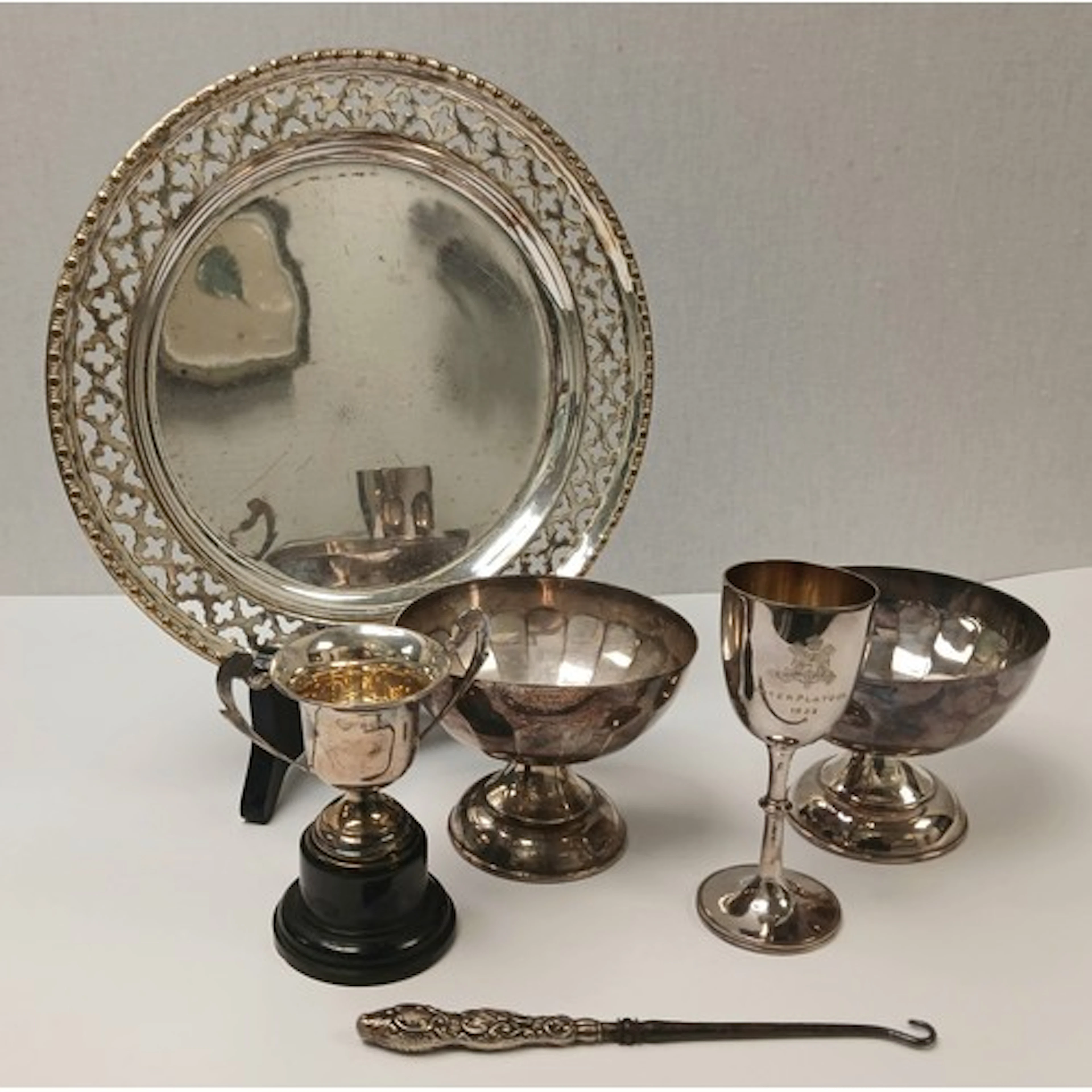 Silver twin handled trophy, twin EP dessert bowls, white met...