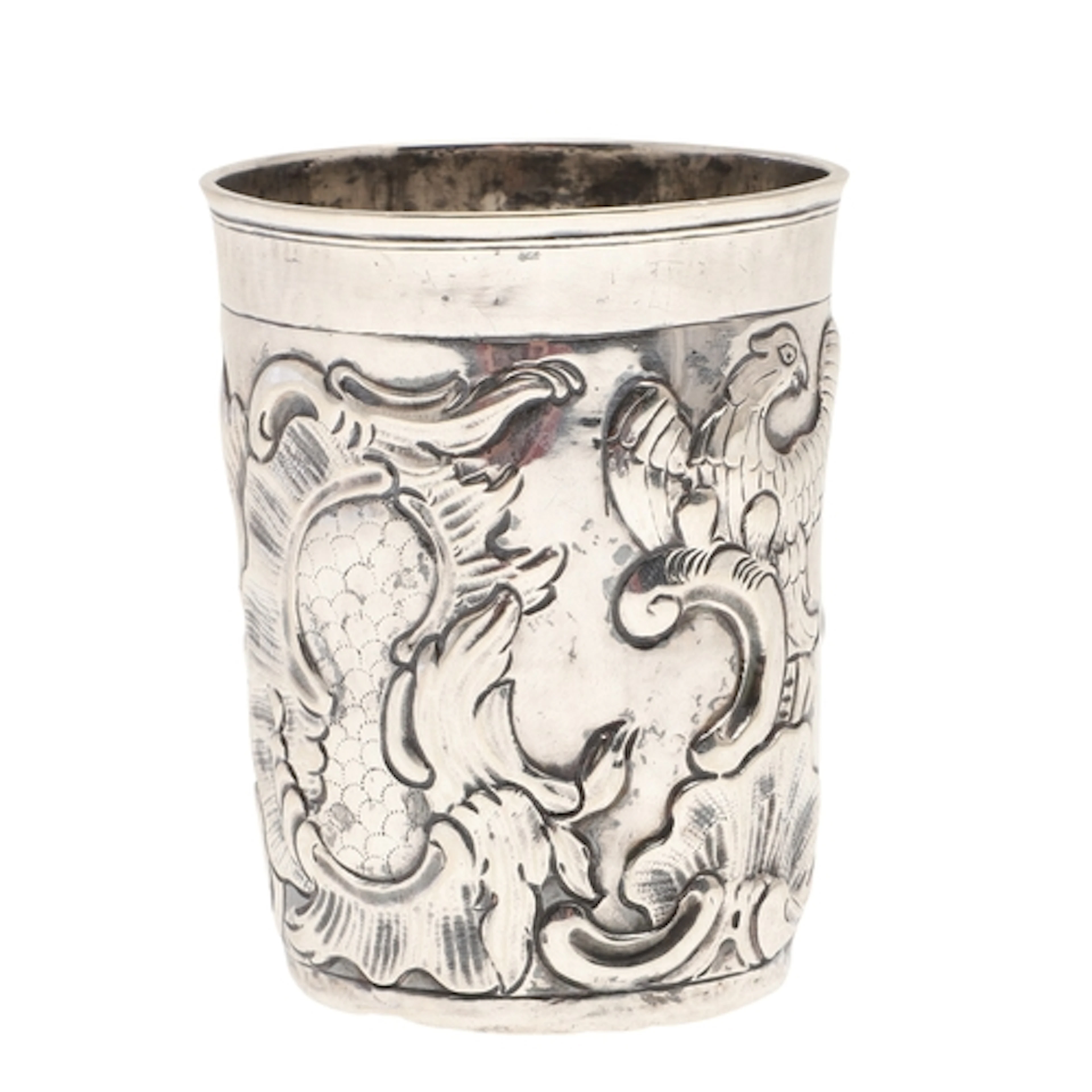 A RUSSIAN 18TH CENTURY SILVER BEAKER. With repousse decorati...