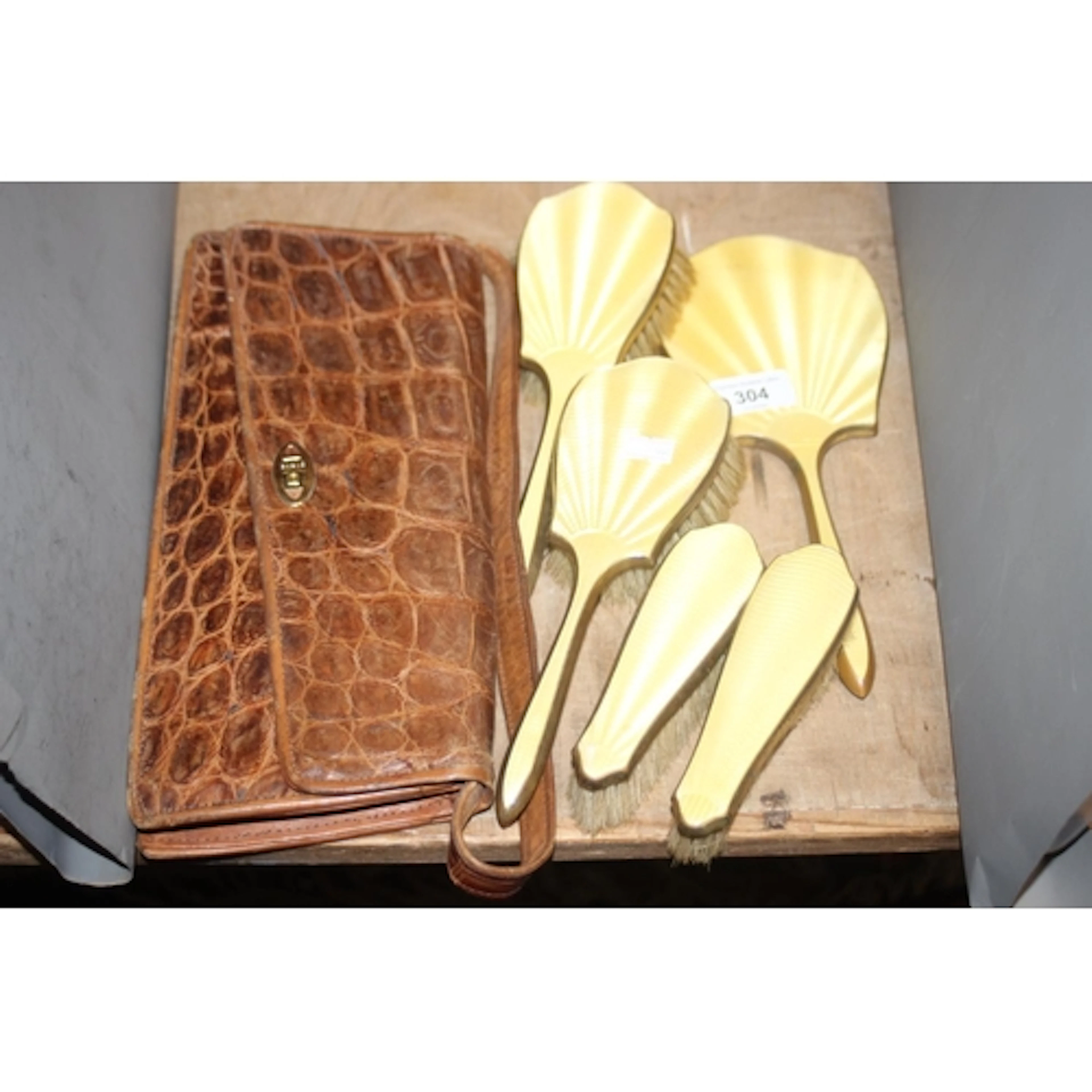 Art Deco yellow enamel vanity set, crocodile skin style clut...