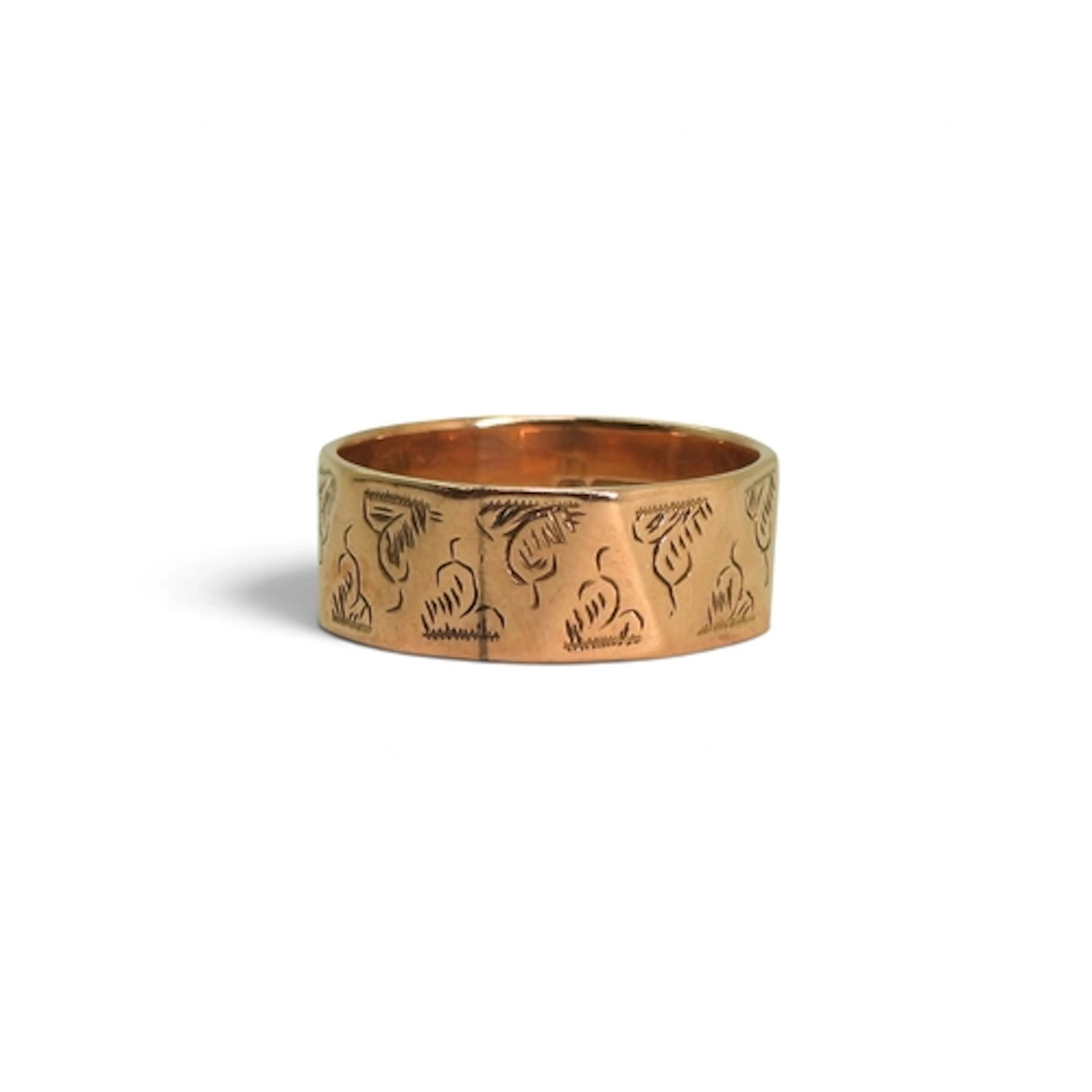 A 9ct rose gold triangular panelled wedding ring, Birmingham...