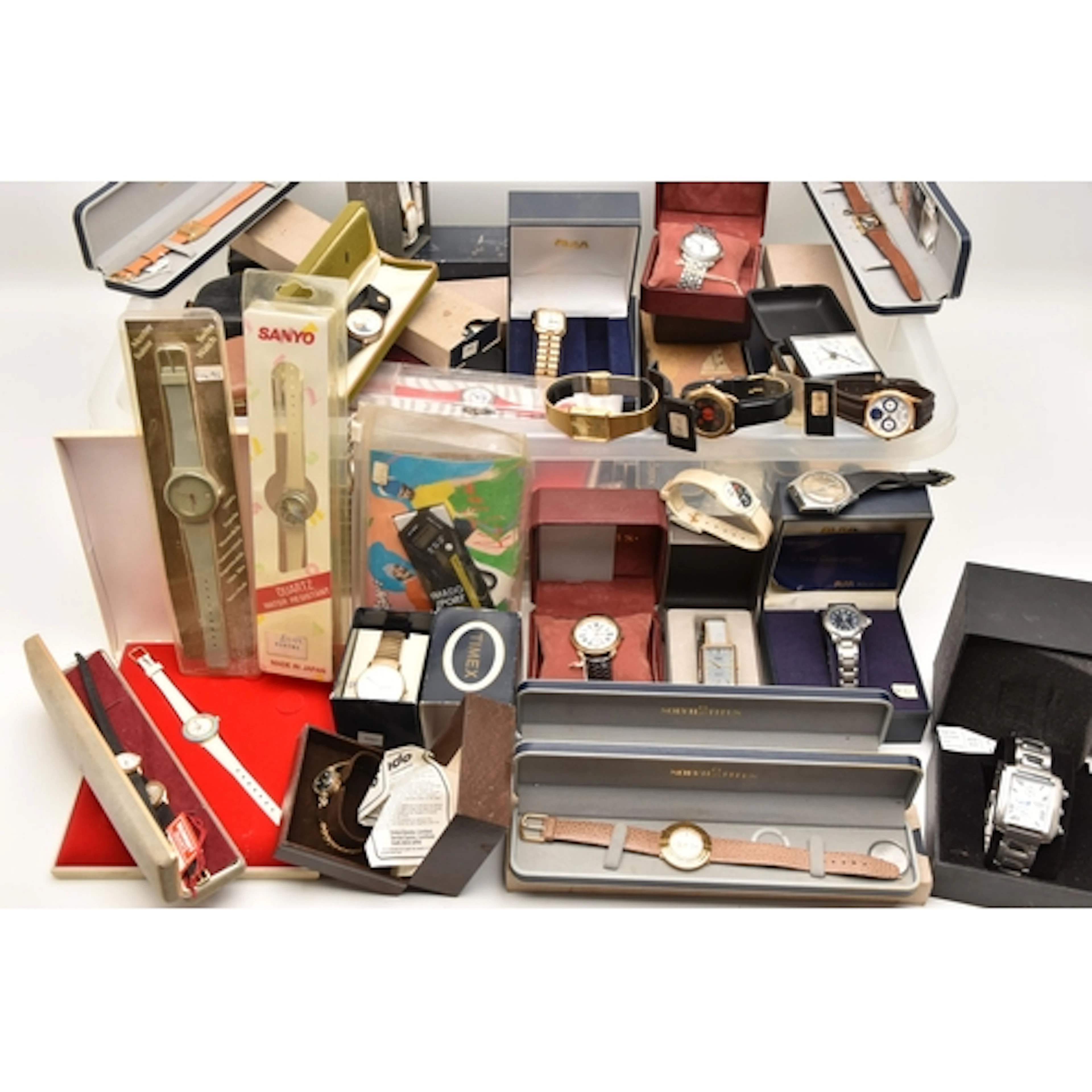 A PLASTIC BOX OF ASSORTED WRISTWATCHES, all boxed fashion wa...