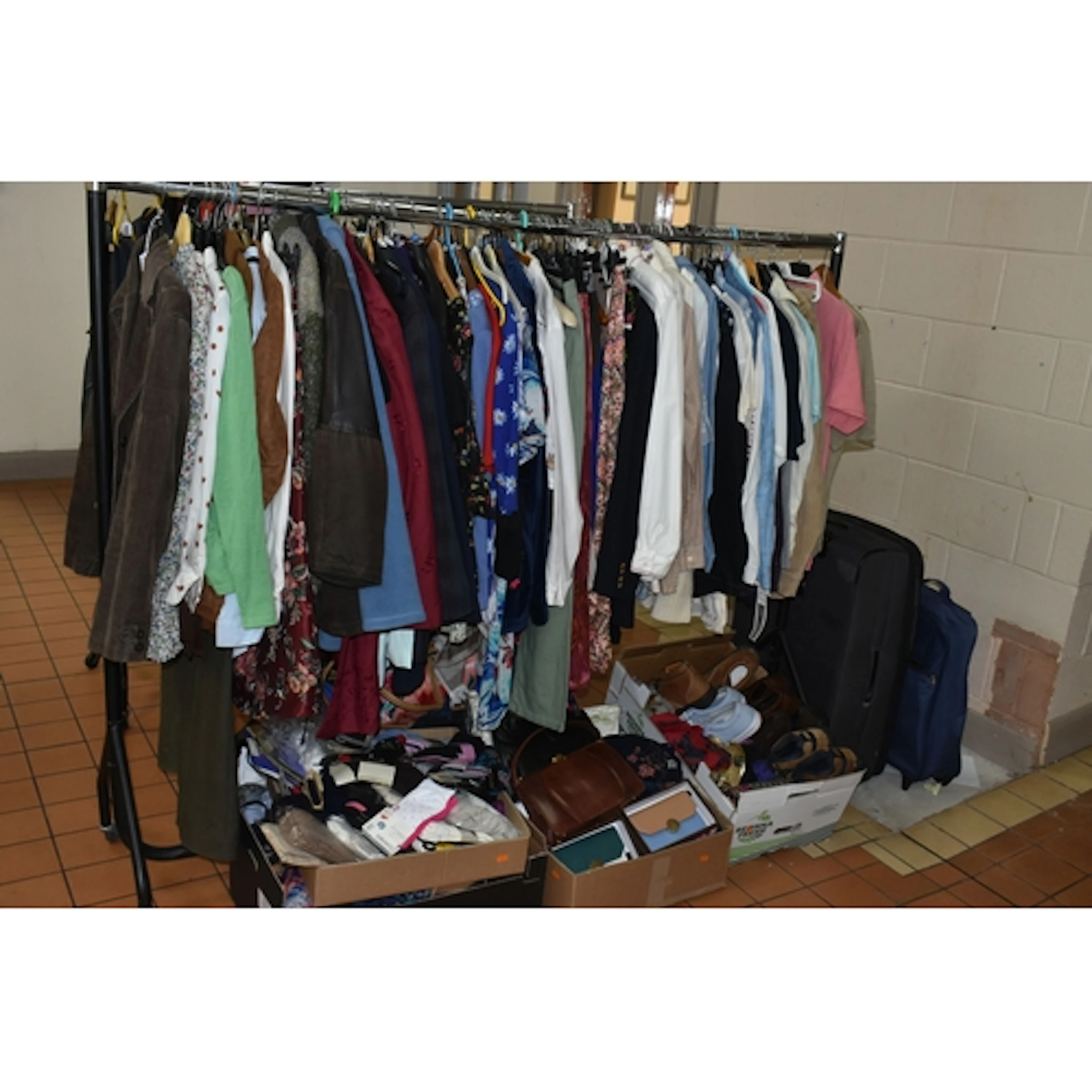 SIX BOXES AND LOOSE LADIES' CLOTHES AND ACCESSORIES, to incl...