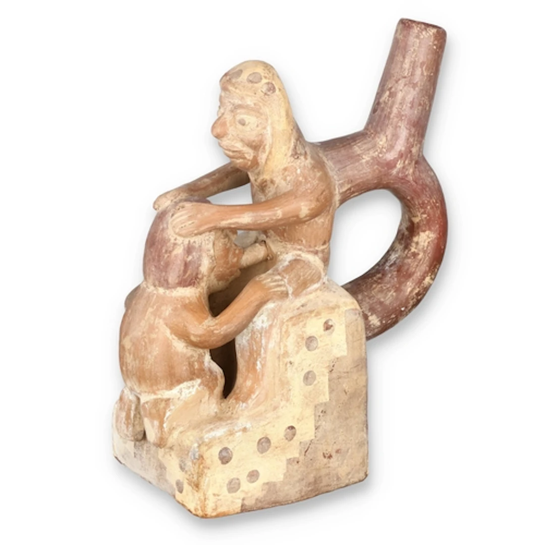 EROTICA: PRE-COLUMBIAN MOCHE FIGURE STIRRUP SPOUT VESSEL Dep...