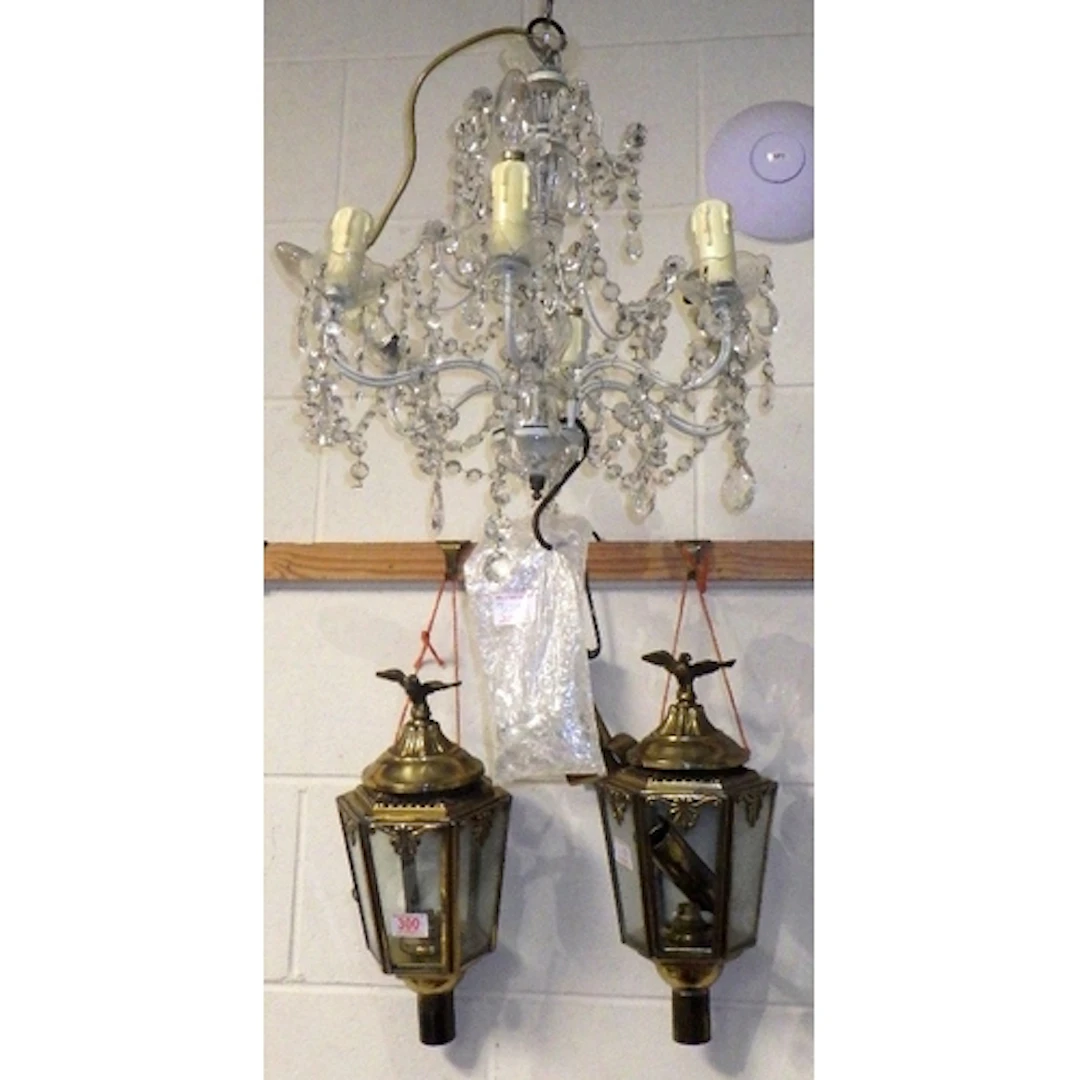 A pair of brass coach lamps & a 6 branch chandelier (3)