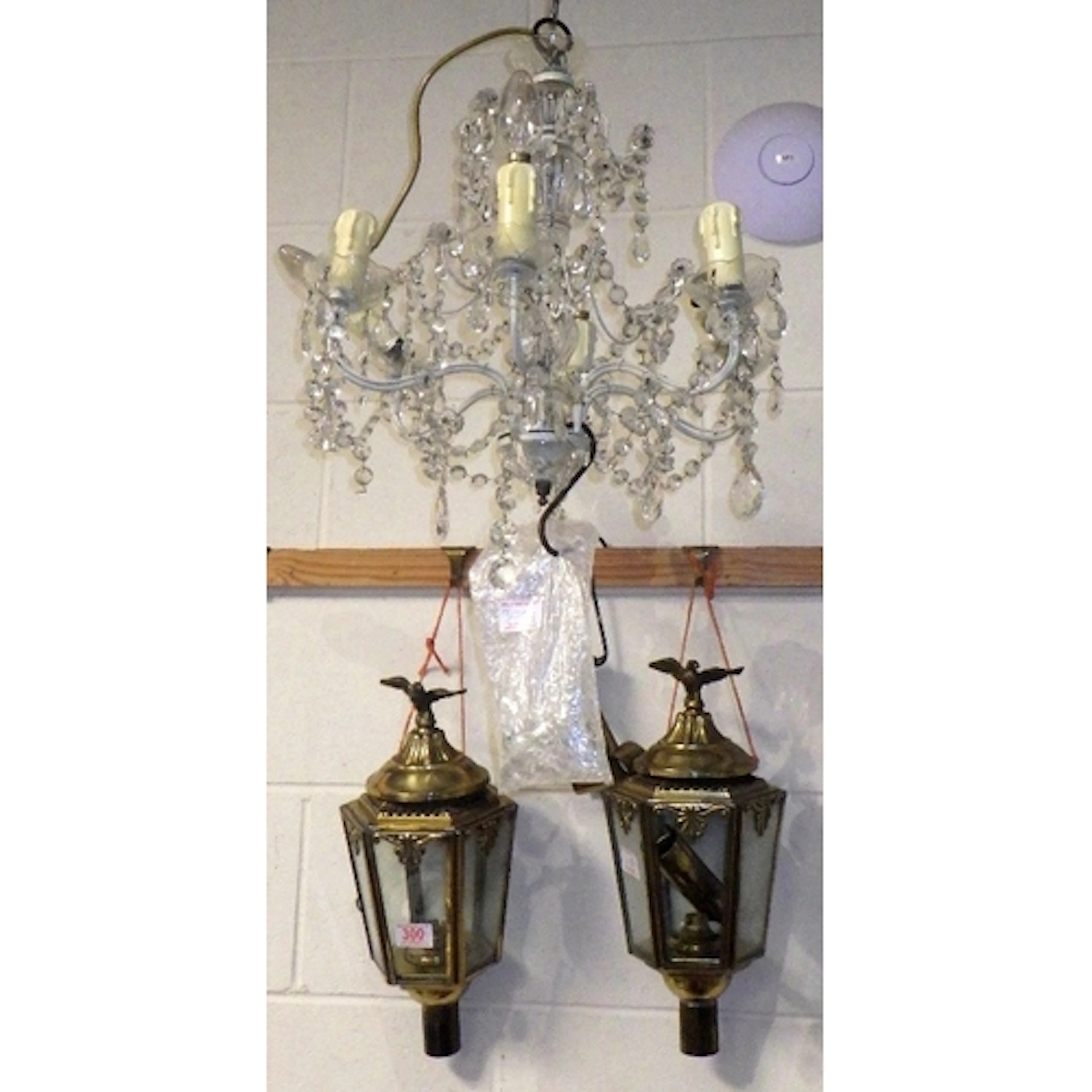 A pair of brass coach lamps & a 6 branch chandelier (3)