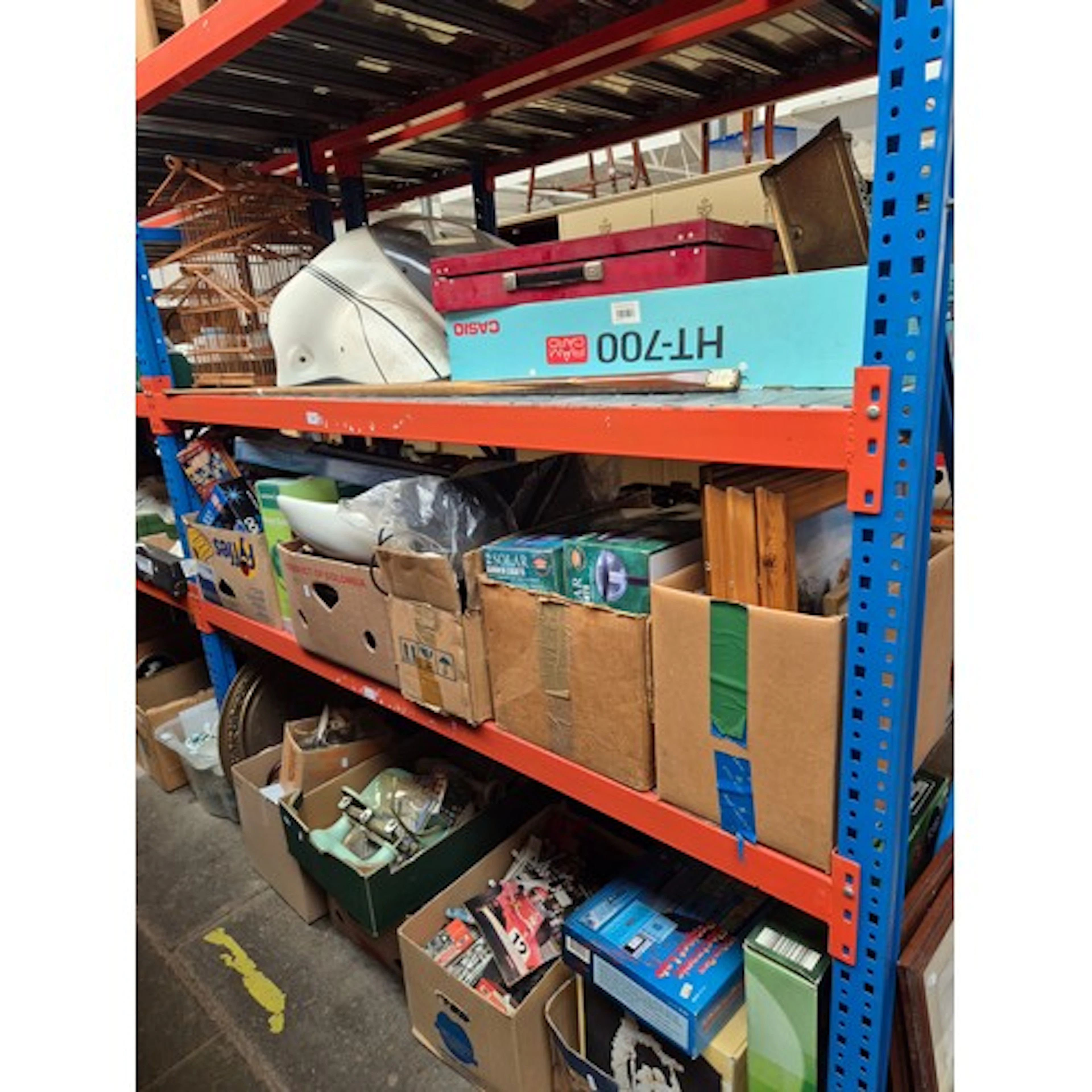 3 shelves of mixed items including Casio keyboard, zither, m...