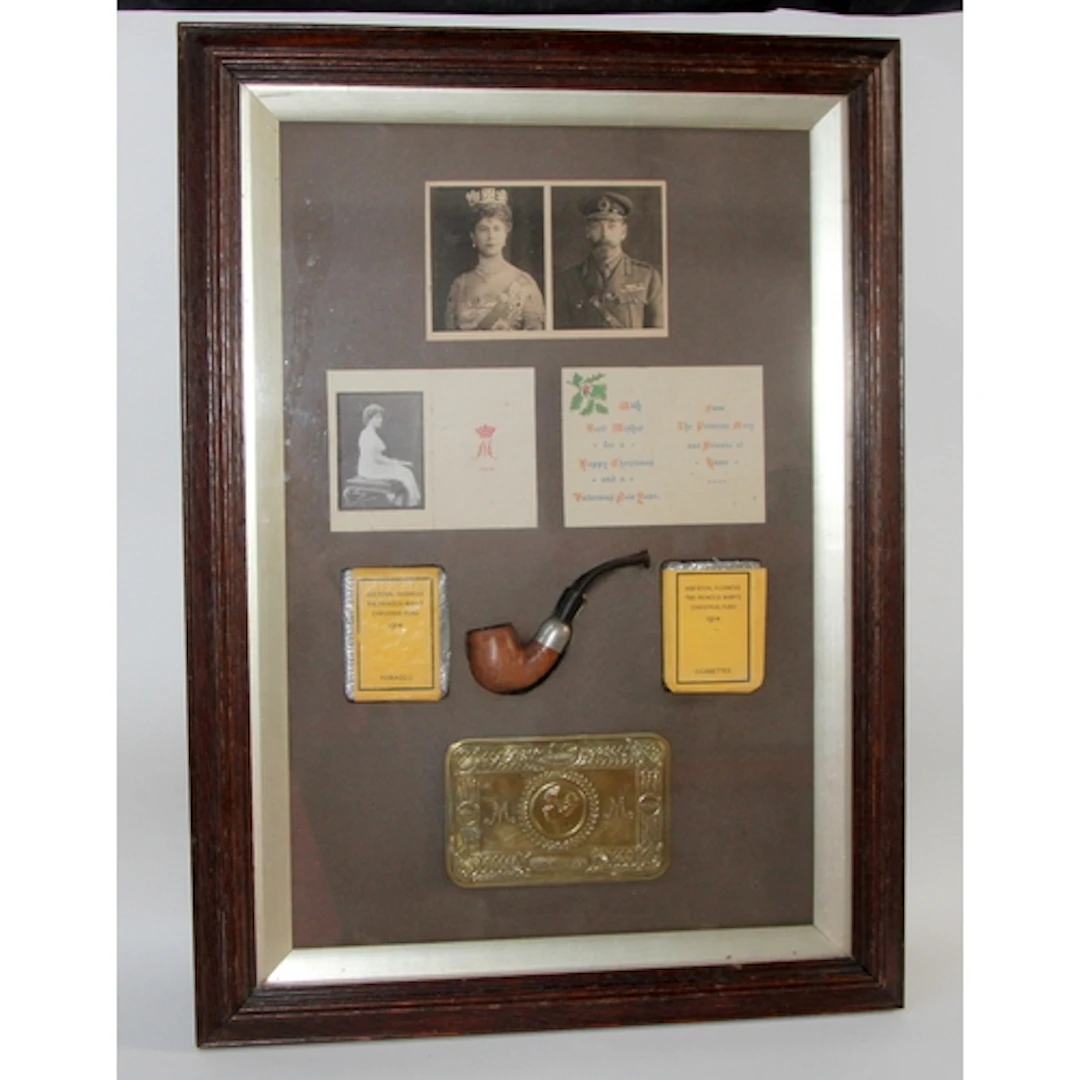 Framed Princess Mary 1914 WWI Christmas tin, displayed with ...