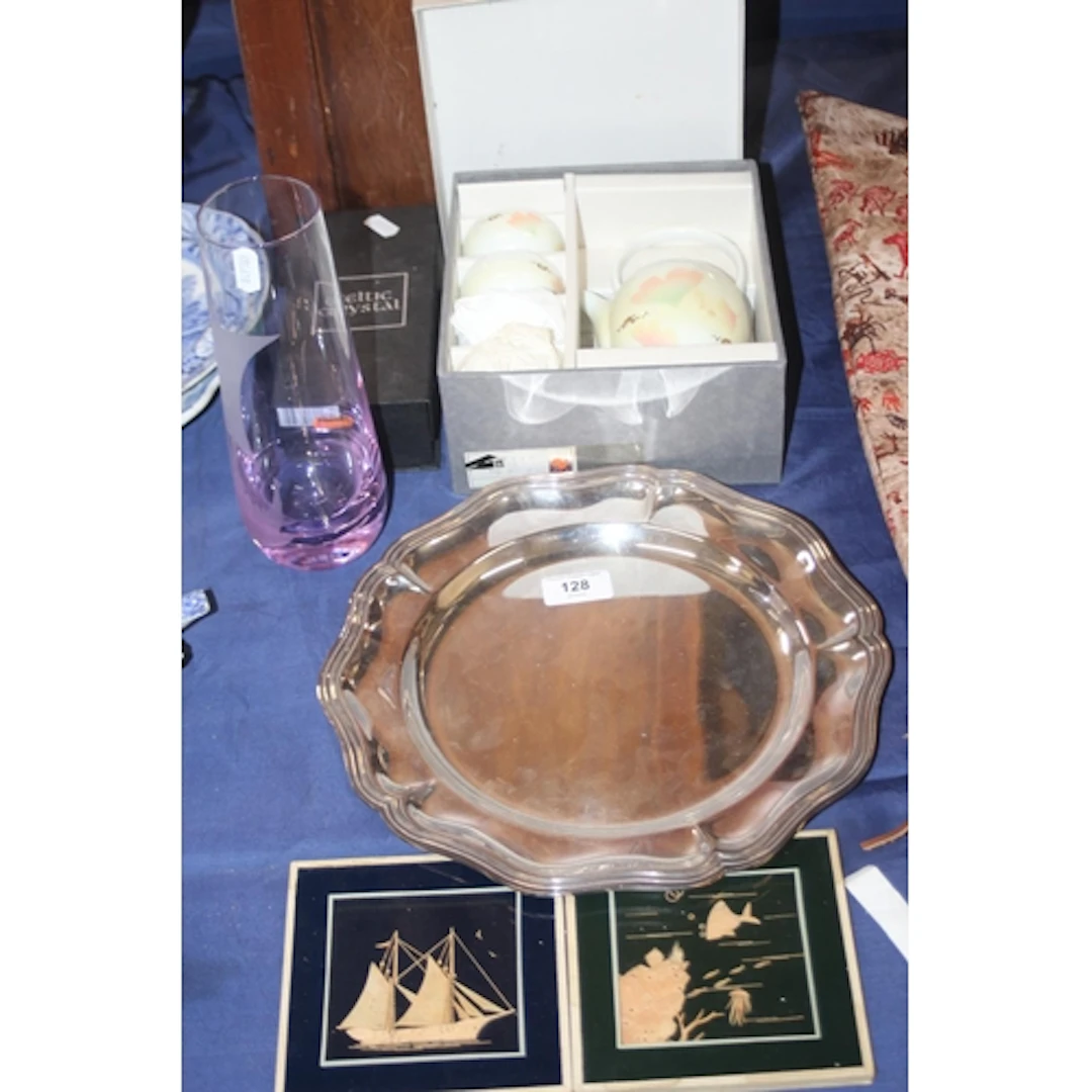 Etched glass vase, Celtic cross, tea set, EPNS dish, cork pi...