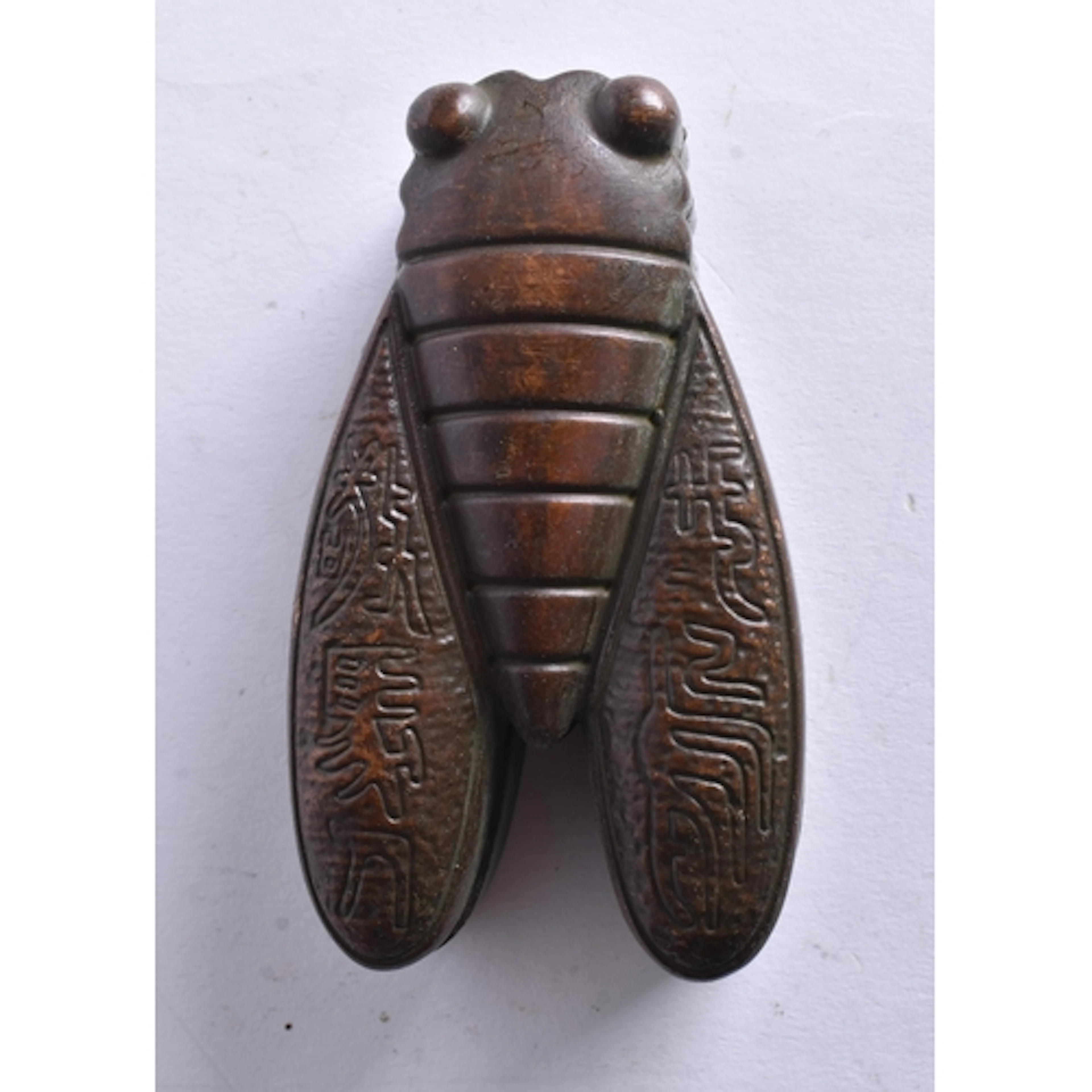A Bronze Cicada Fly Box and Cover. 2.9cm x 7.8 cm x 4.5 cm