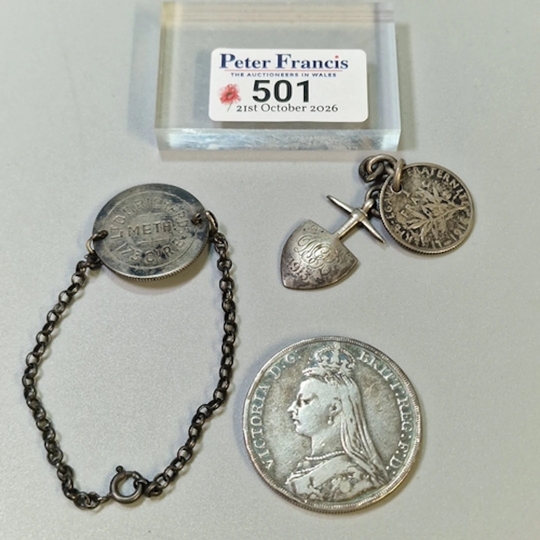 Victorian silver crown dated 1888, together with a 1916 Fran...