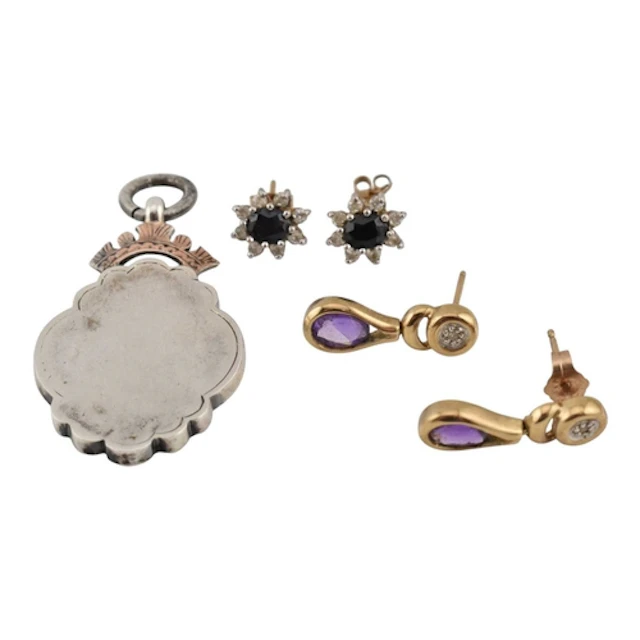 Two pairs of 9ct gold earrings and a 1920s silver fob medal....
