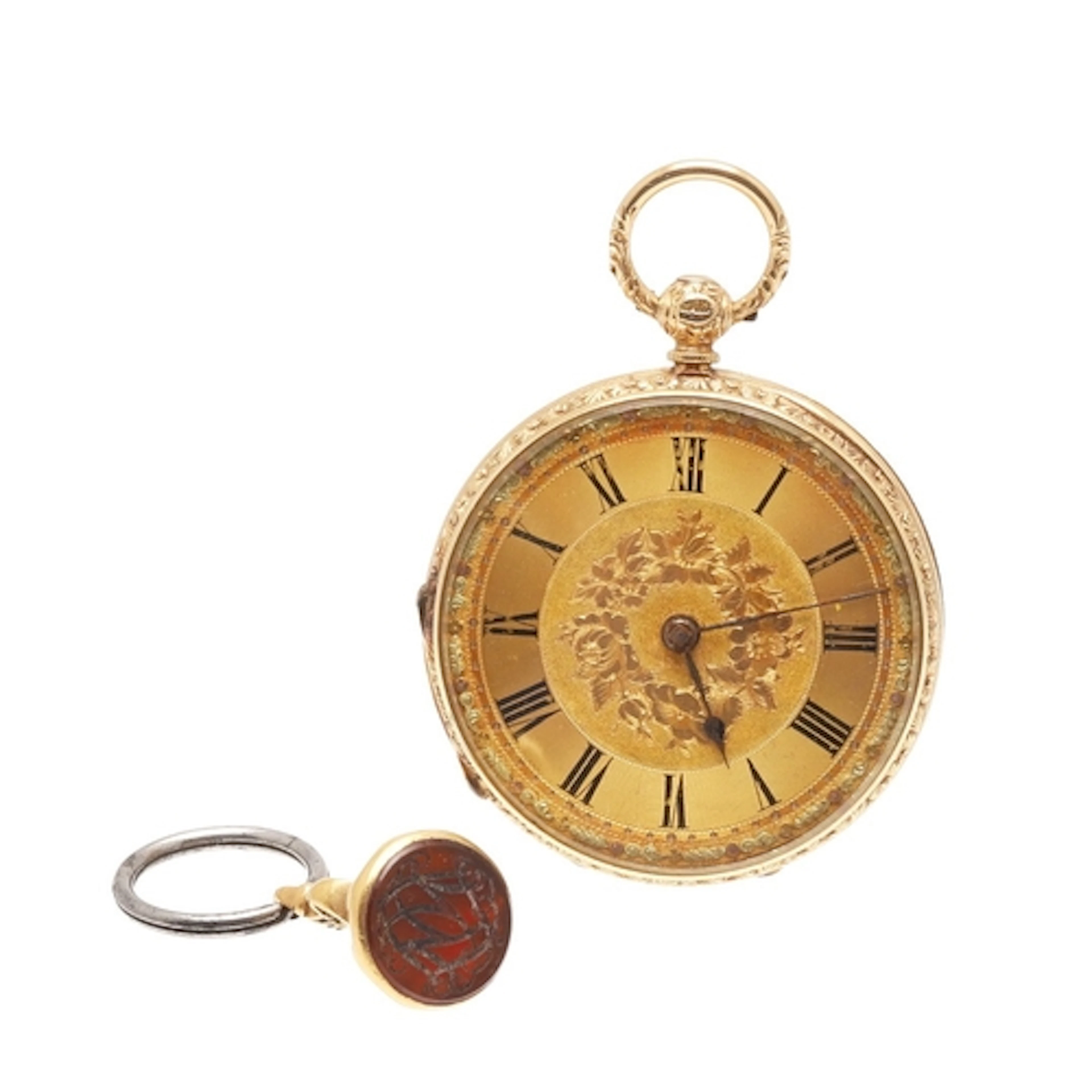 AN 18CT GOLD OPEN FACED POCKET WATCH. the gold coloured foli...