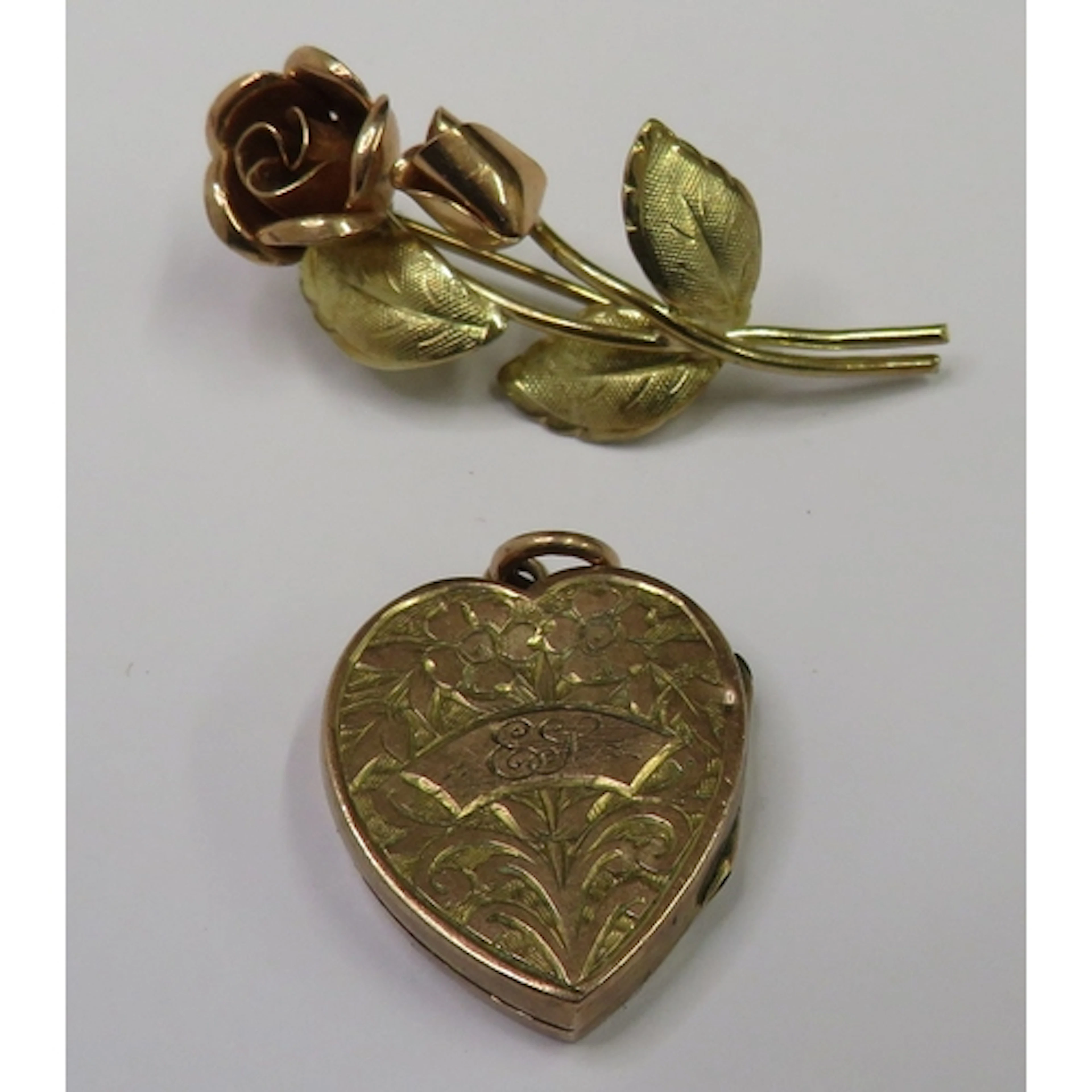 Yellow & Rose Gold Floral Brooch & unmarked rose metal heart...
